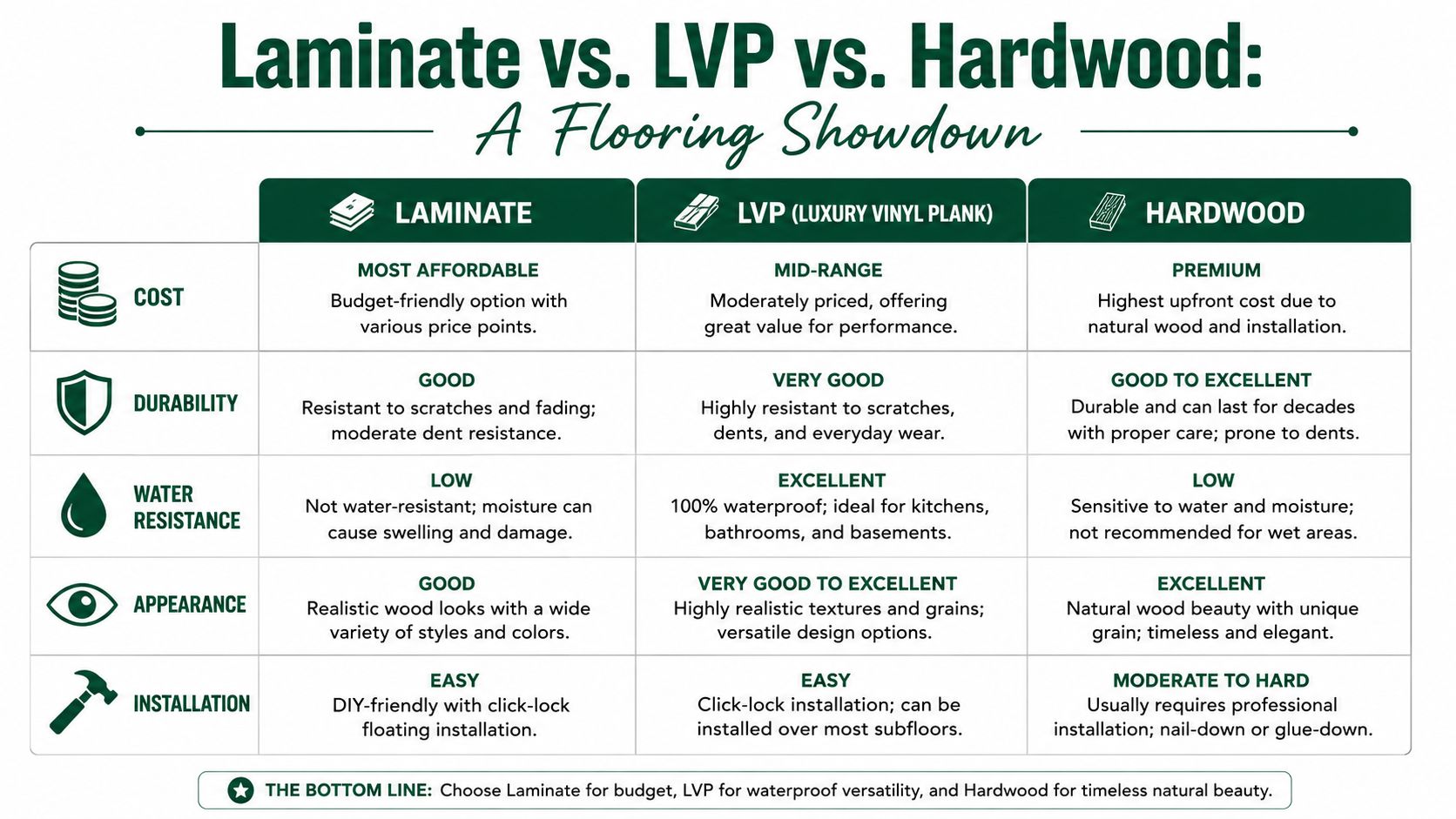 A comparison chart showing the differences between laminate, luxury vinyl plank, and hardwood flooring options.