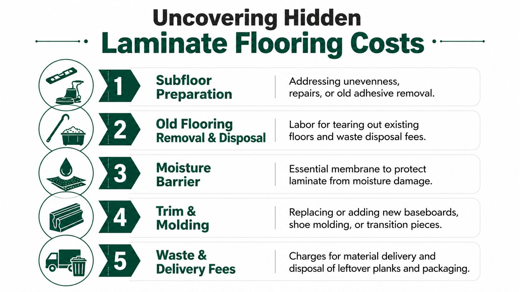 A list graphic titled Uncovering Hidden Laminate Flooring Costs showing five essential steps and extra expenses.