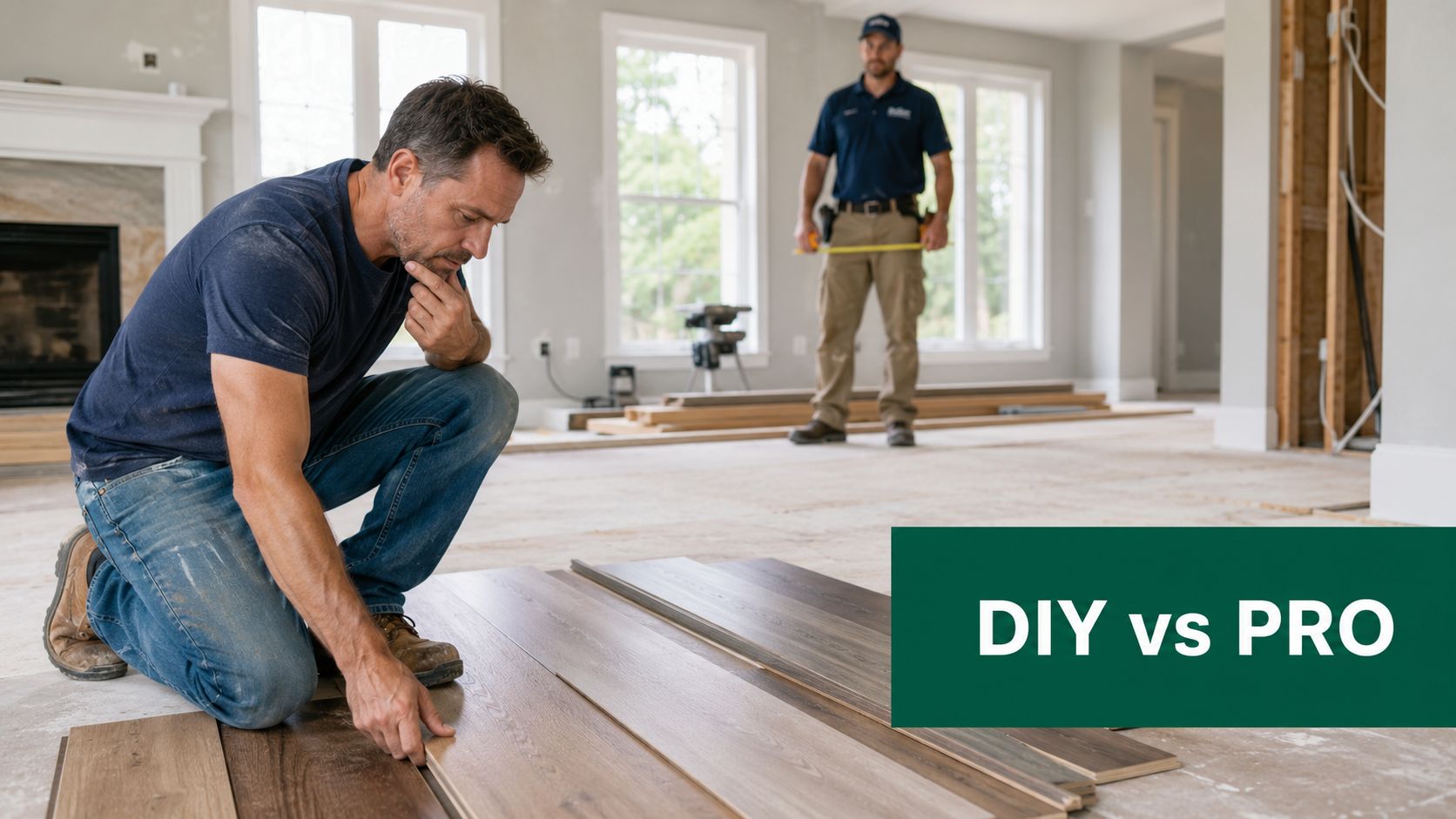 A man installs laminate wood flooring while a professional contractor stands in the background supervising the project.