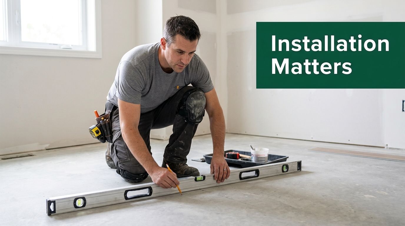 A professional contractor kneeling on a subfloor while measuring and marking with a long spirit level.