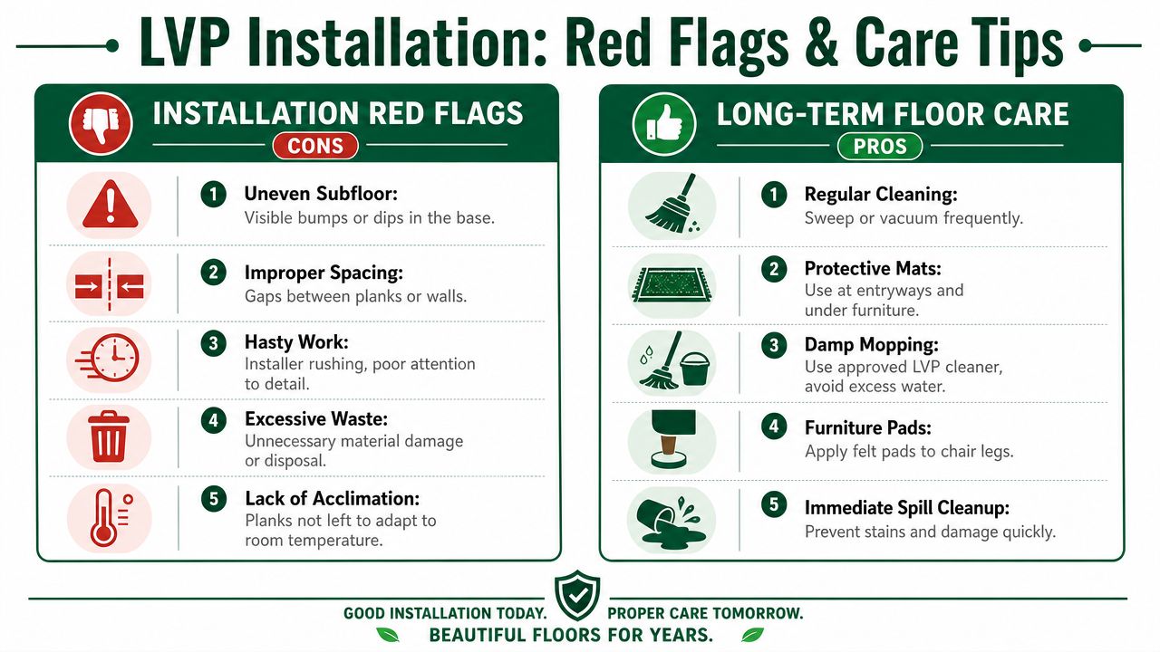 An infographic titled LVP Installation Red Flags & Care Tips showing bad installation practices versus good maintenance.