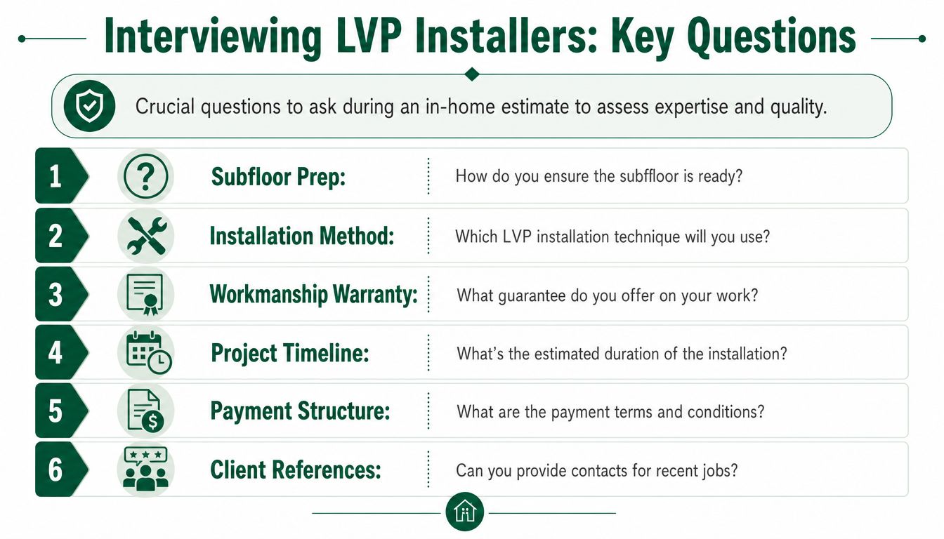 A list of six key questions to ask professional LVP flooring installers during an estimate consultation.