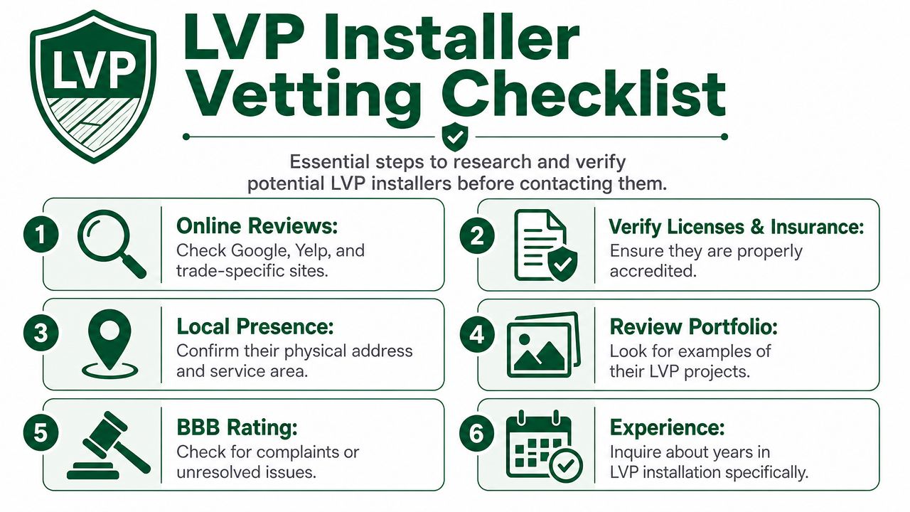 An infographic titled LVP Installer Vetting Checklist featuring six essential steps for verifying professional flooring installers.