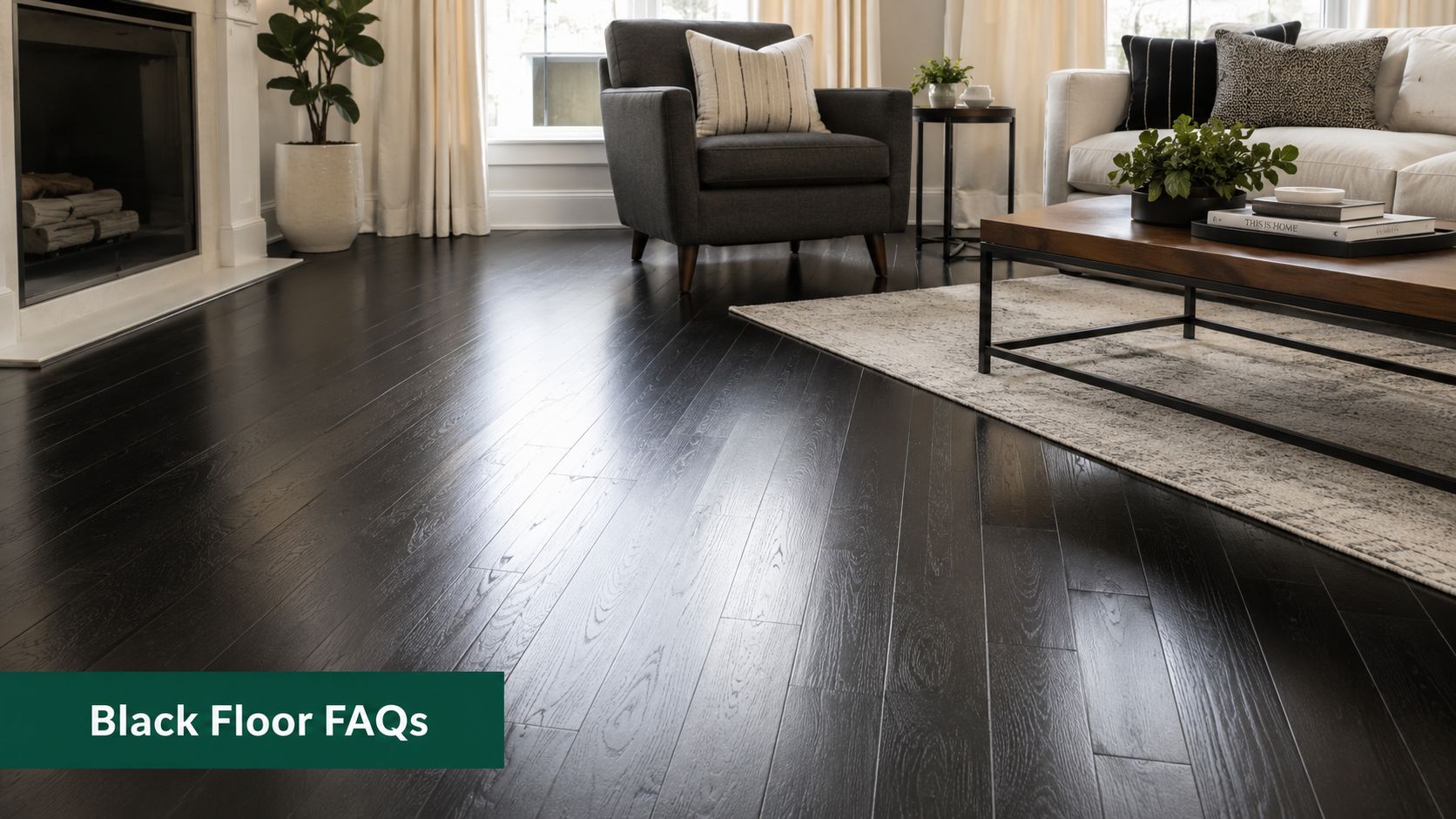 A modern, bright living room featuring elegant dark hardwood flooring and cozy, stylish home furniture.