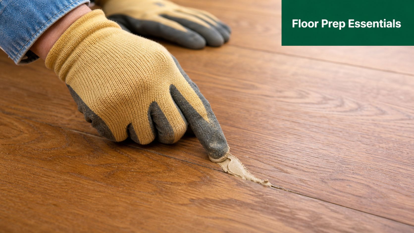 A person wearing work gloves applying wood filler to a seam in hardwood flooring for repairs.