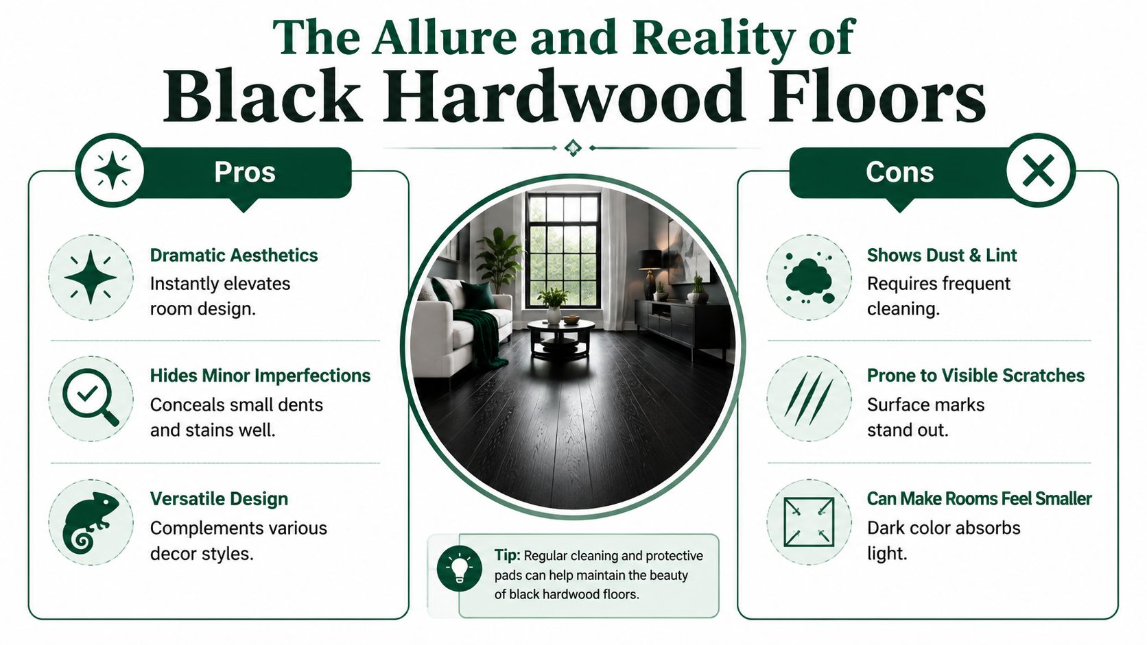 An infographic highlighting the pros and cons of installing black hardwood floors in a home interior.