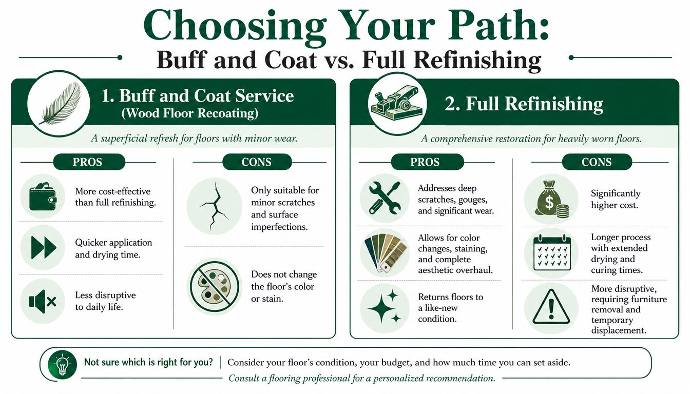 An infographic comparing wood floor buff and coat services against full floor refinishing to help homeowners decide.