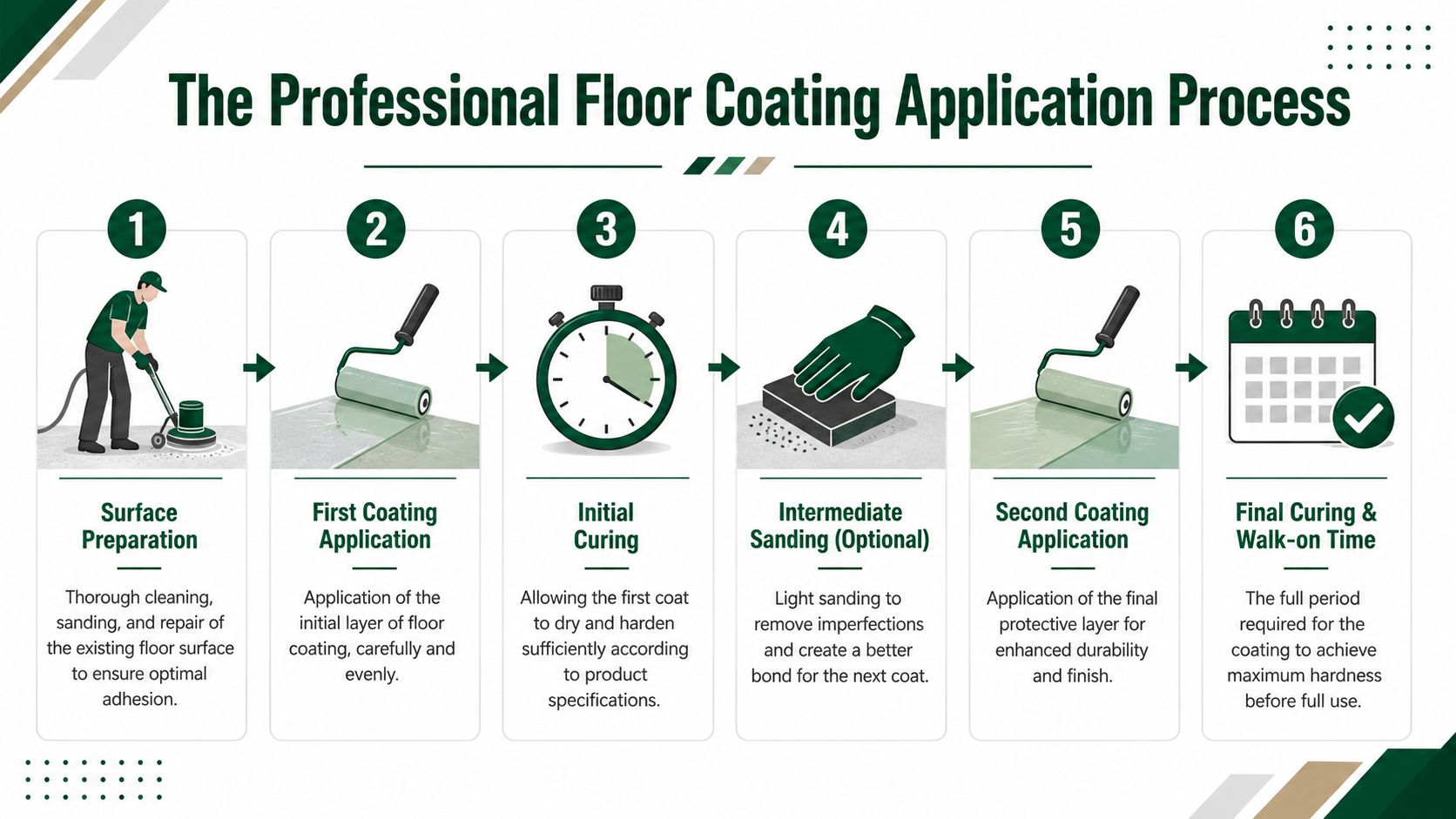A six-step infographic showing the professional floor coating application process from surface preparation to final curing.