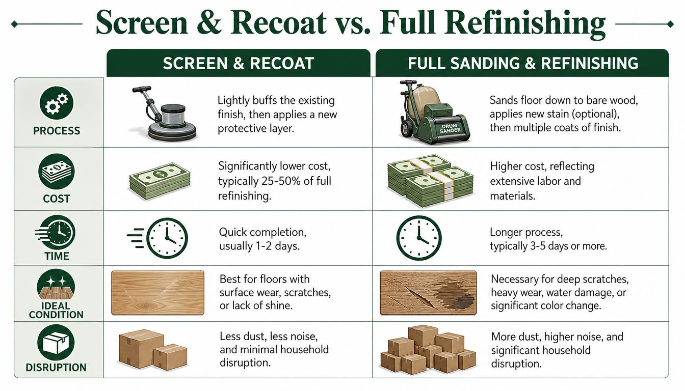 A comparison chart showing differences between screen and recoat versus full sanding and refinishing for hardwood floors.