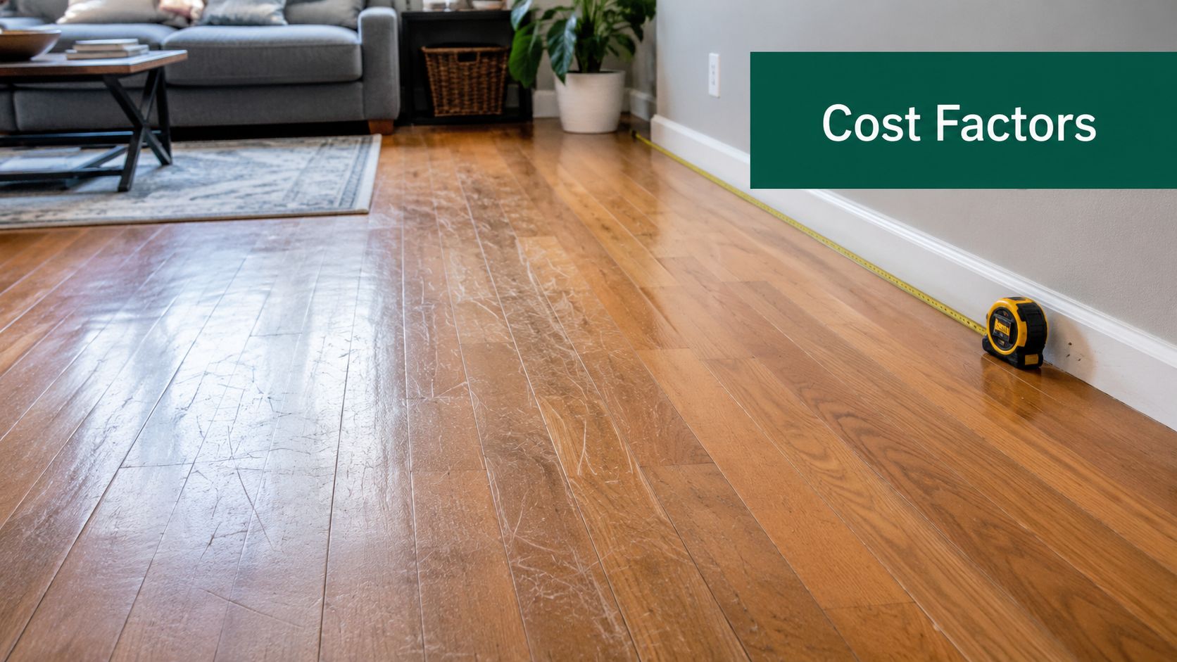 A measuring tape on scratched hardwood floors with a cost factors overlay in a living room.