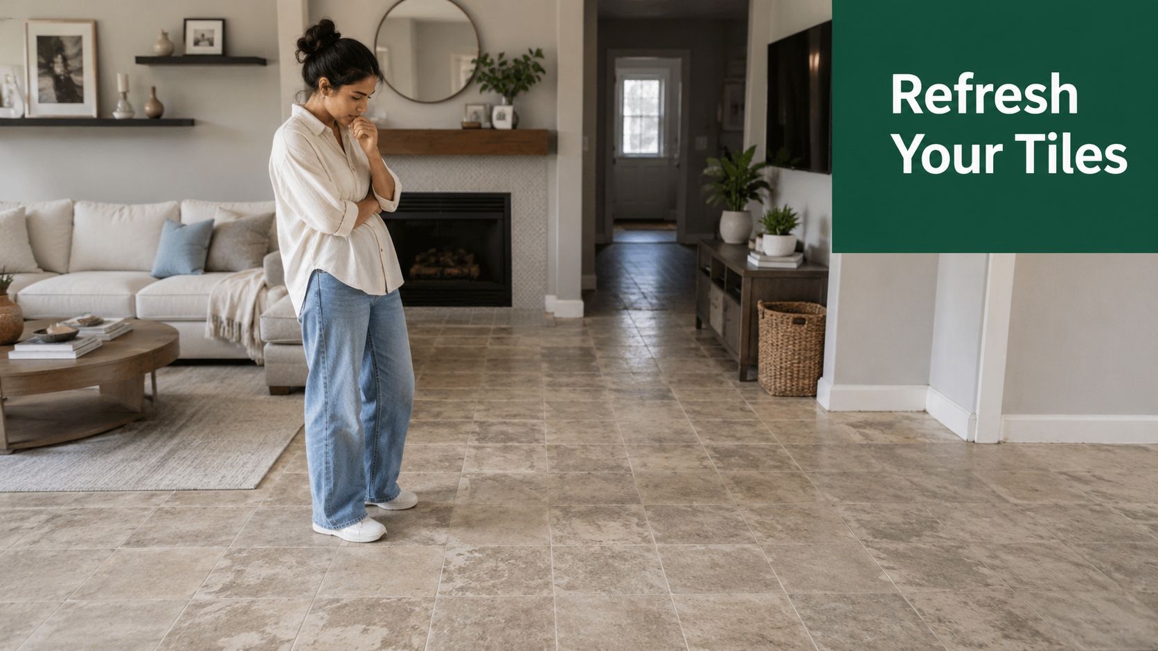 A woman stands in a living room looking at the aged tile flooring, considering renovation options.
