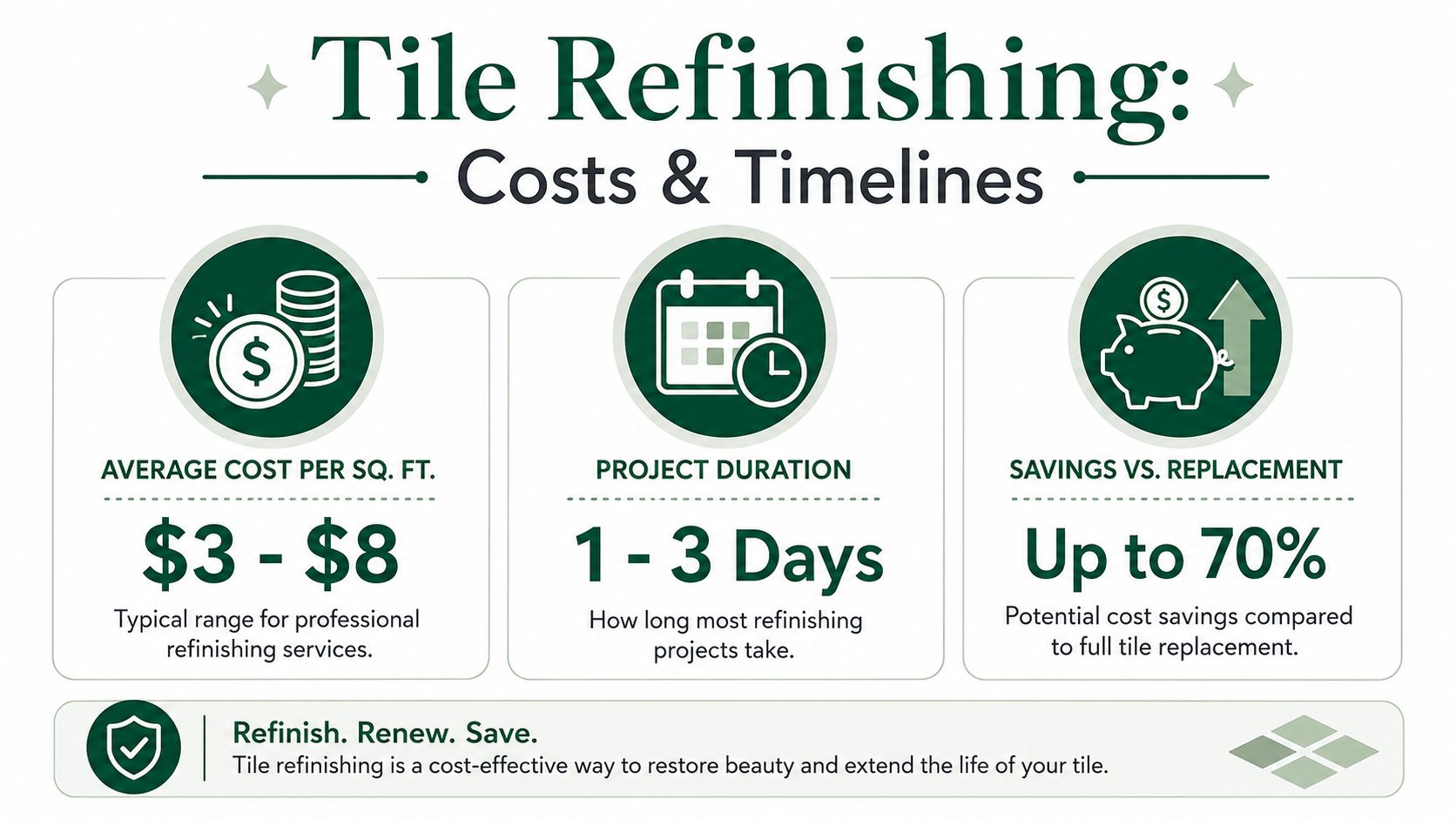 An infographic showing that tile refinishing costs between $3 and $8 per square foot over 1-3 days.