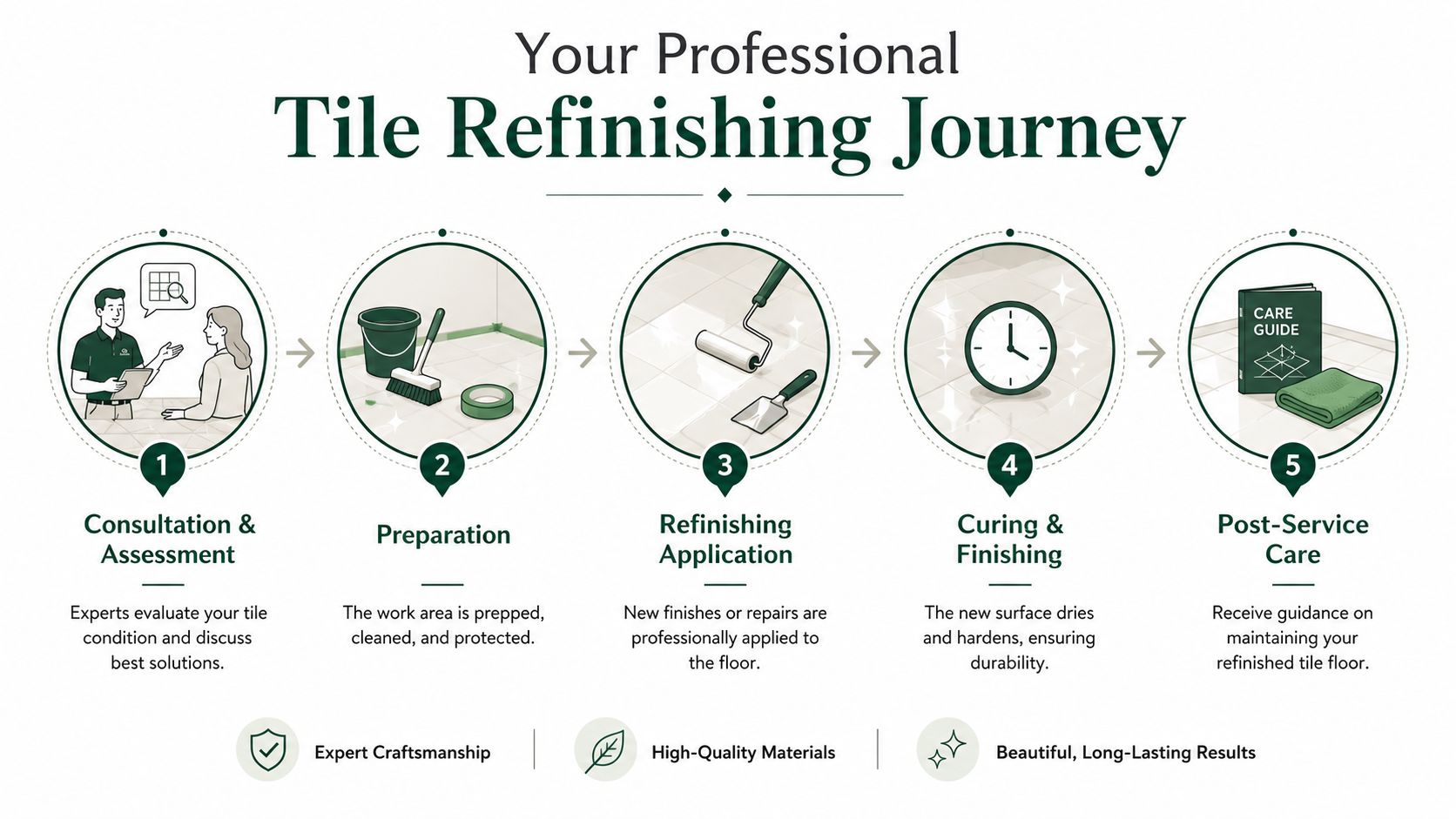 A five-step infographic showing the professional tile floor refinishing process from consultation to post-service care.