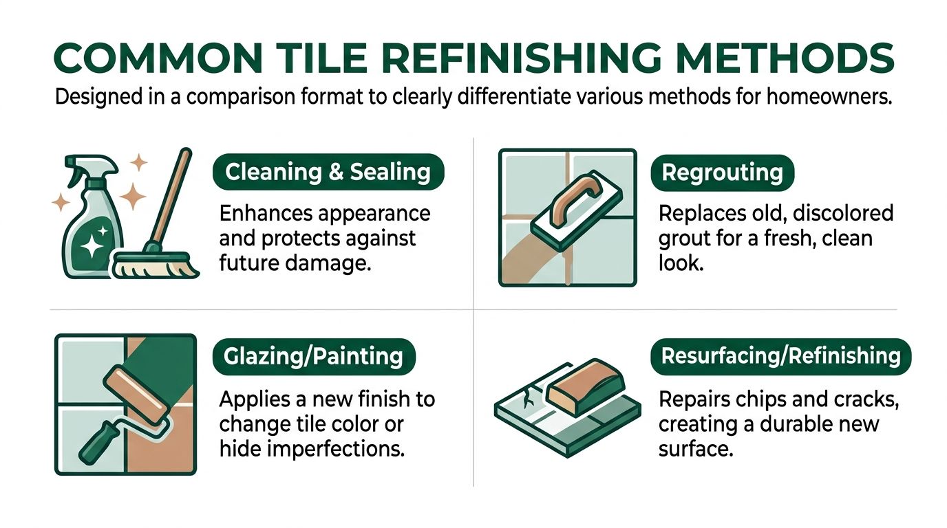An infographic illustrating four common tile refinishing methods including cleaning, sealing, regrouting, glazing, and resurfacing.