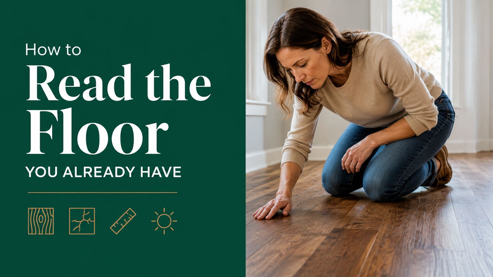 A woman kneels on hardwood flooring, examining the texture and surface of the wooden planks closely.