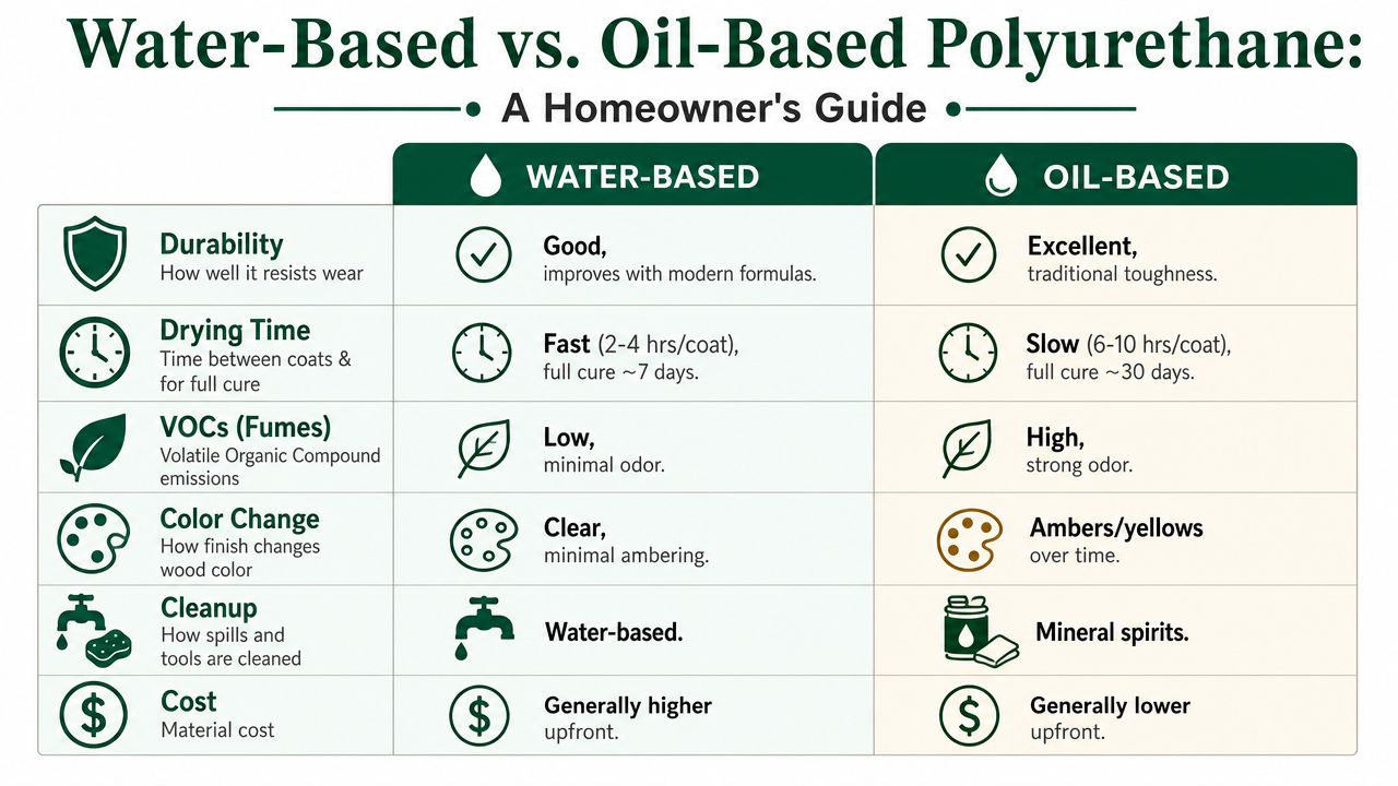 A comparison chart outlining the differences between water-based and oil-based polyurethane finishes for hardwood flooring.