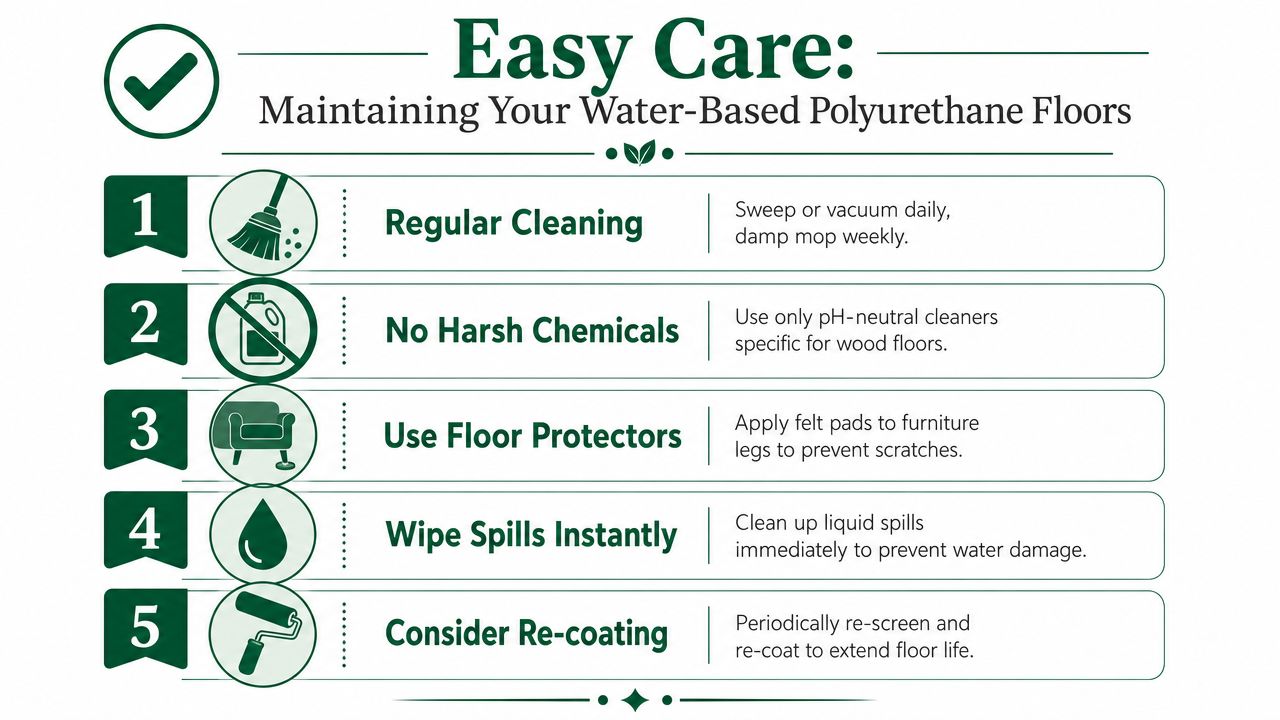 An infographic titled Easy Care providing five maintenance tips for wood floors with water based polyurethane finishes.