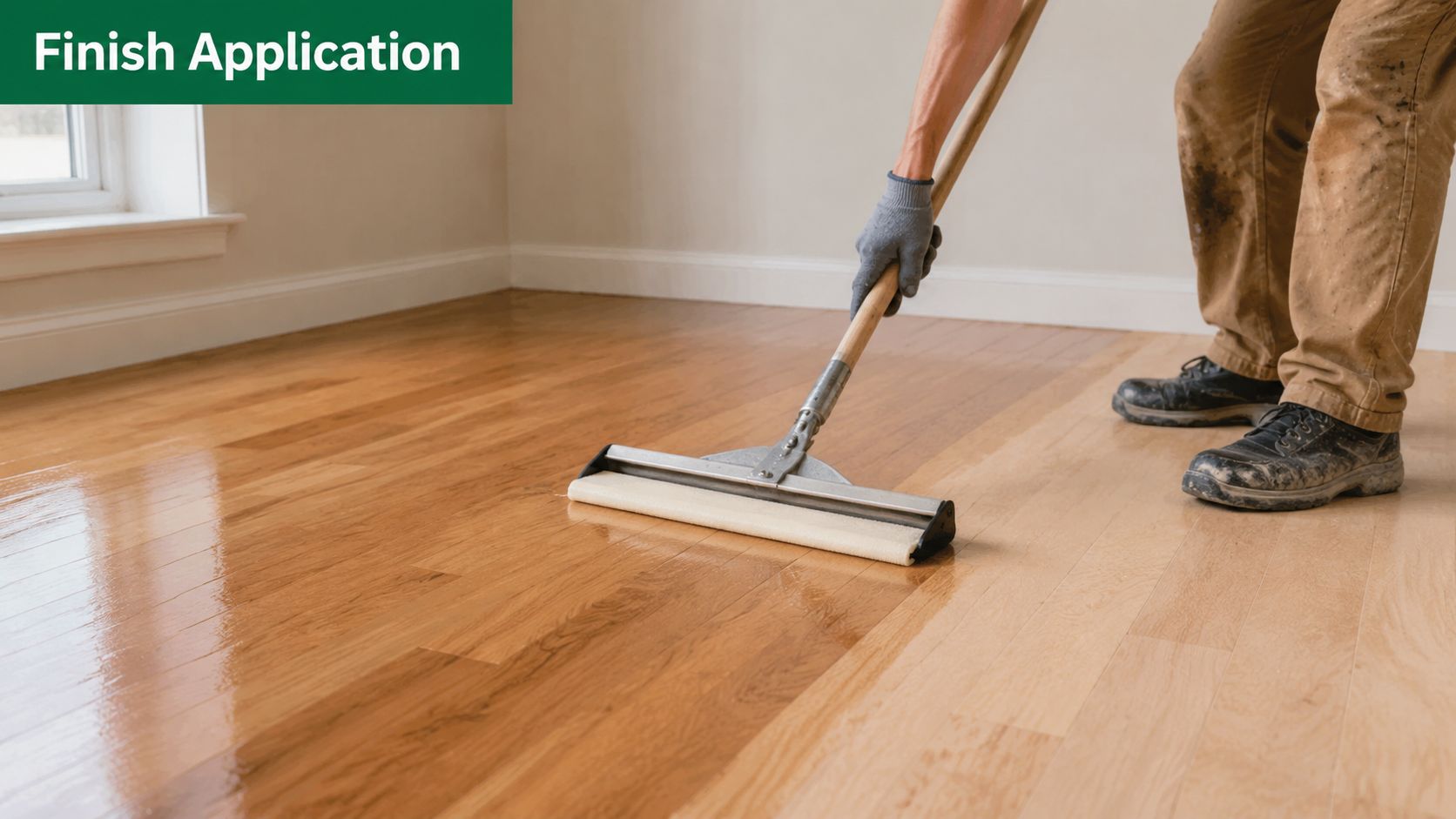 A professional flooring specialist applies a clear finish to wooden floorboards using a long-handled applicator tool.