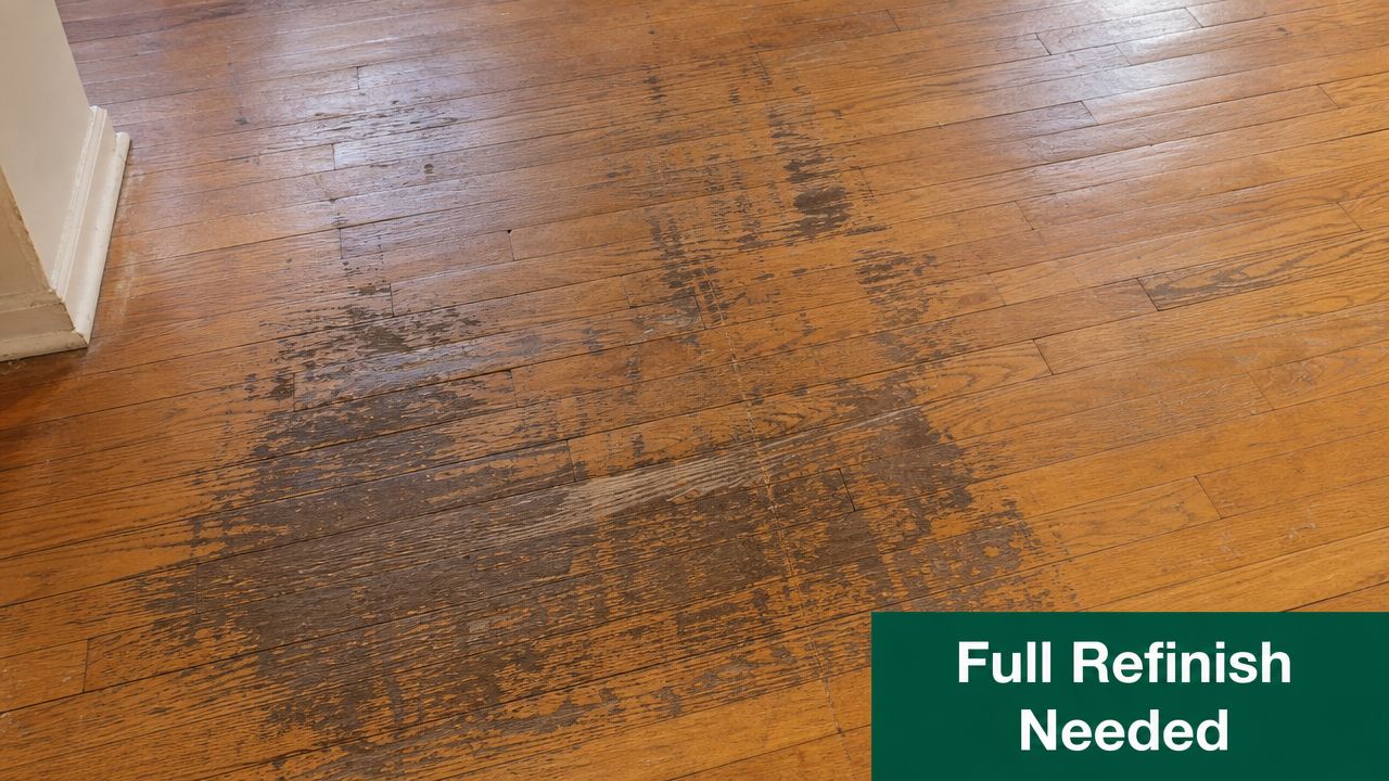 An old hardwood floor with severe wear and finish damage requiring a professional full restoration process.