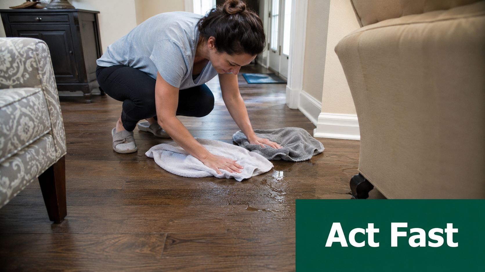 A woman cleaning up a water spill on dark hardwood flooring using two towels in a living room.
