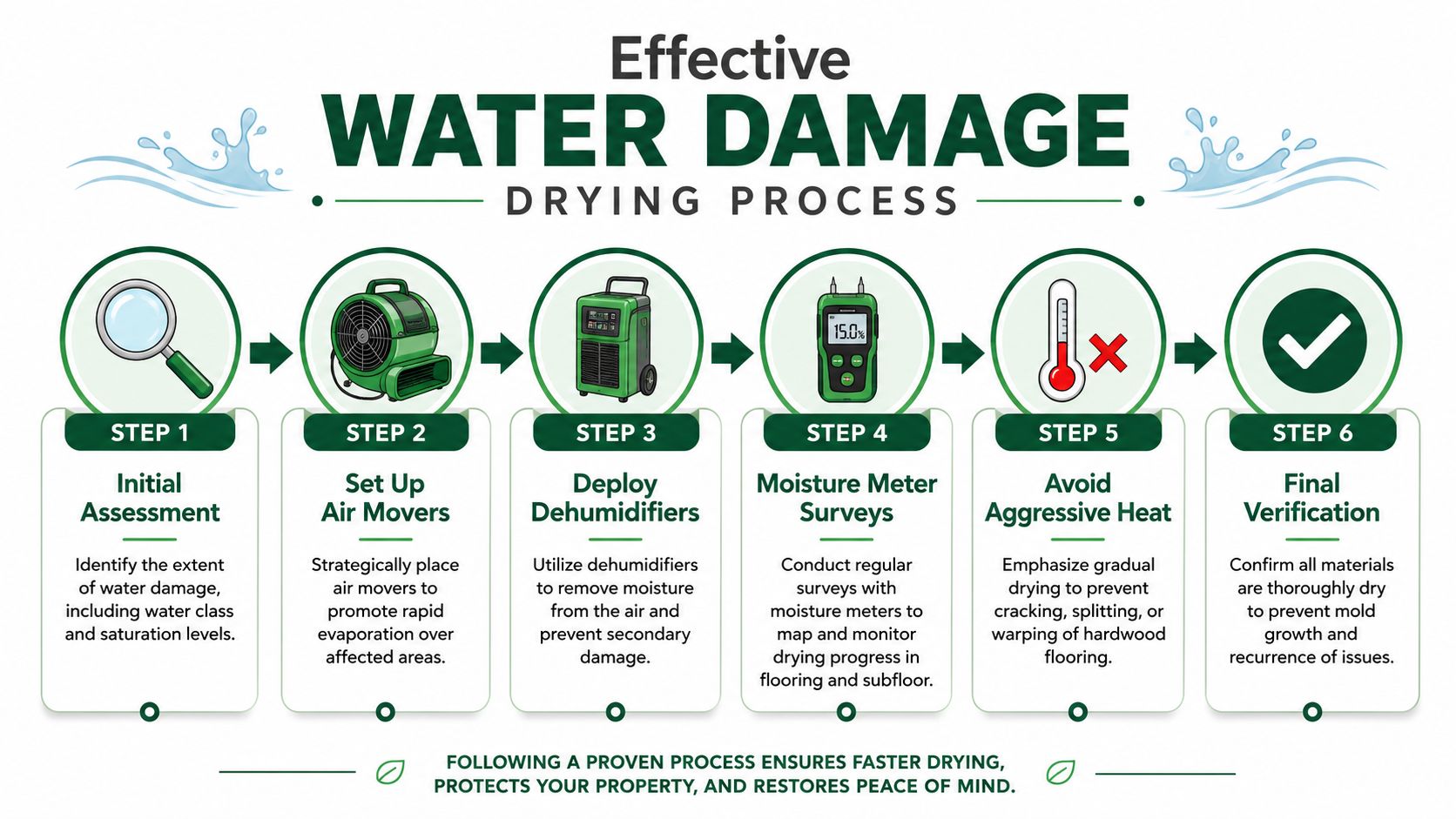 A six-step infographic detailing the professional process for effective water damage drying and restoration.