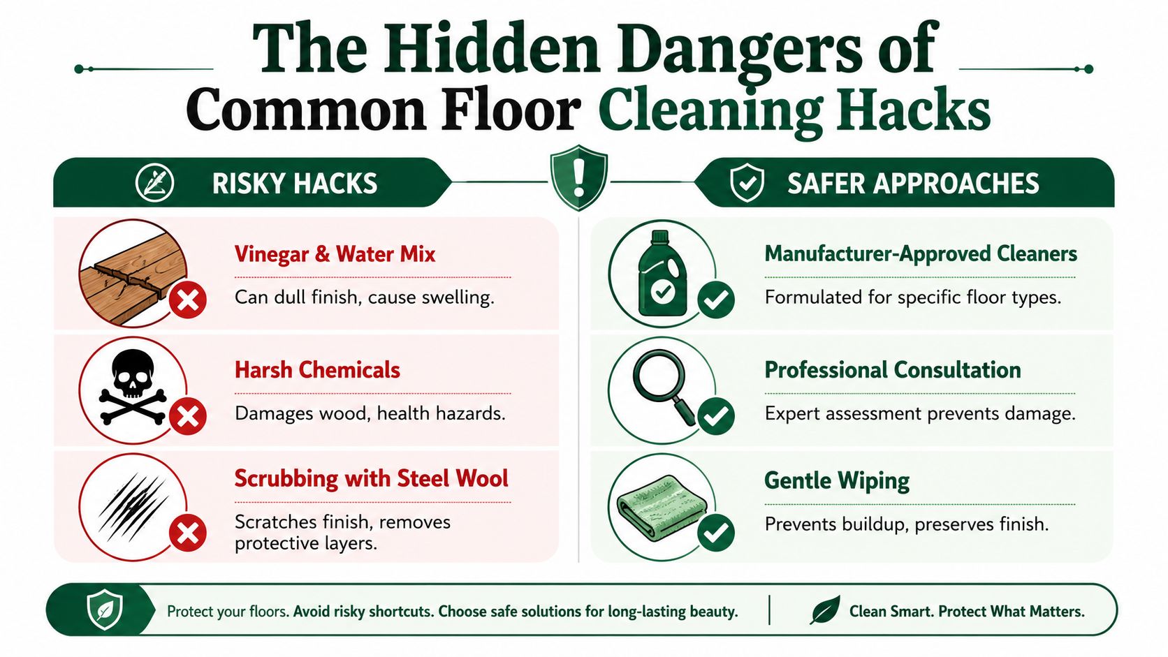 An infographic comparing risky floor cleaning hacks like vinegar or steel wool with safer, recommended cleaning practices.