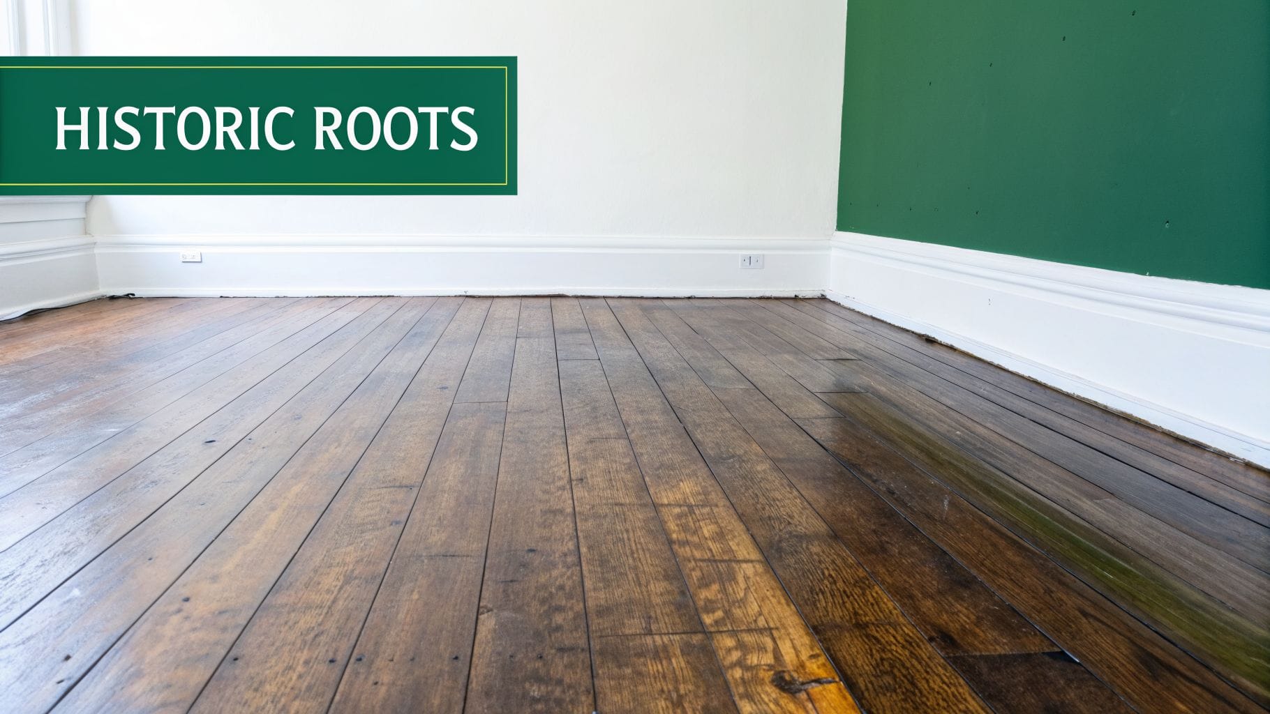 Empty room with dark wood flooring, white trim, a green wall, and a "HISTORIC ROOTS" banner.