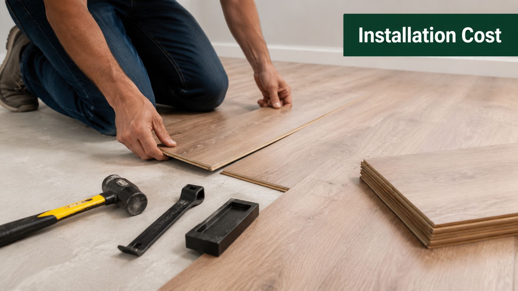 A professional flooring installer kneeling while carefully installing light wood laminate planks on a floor.