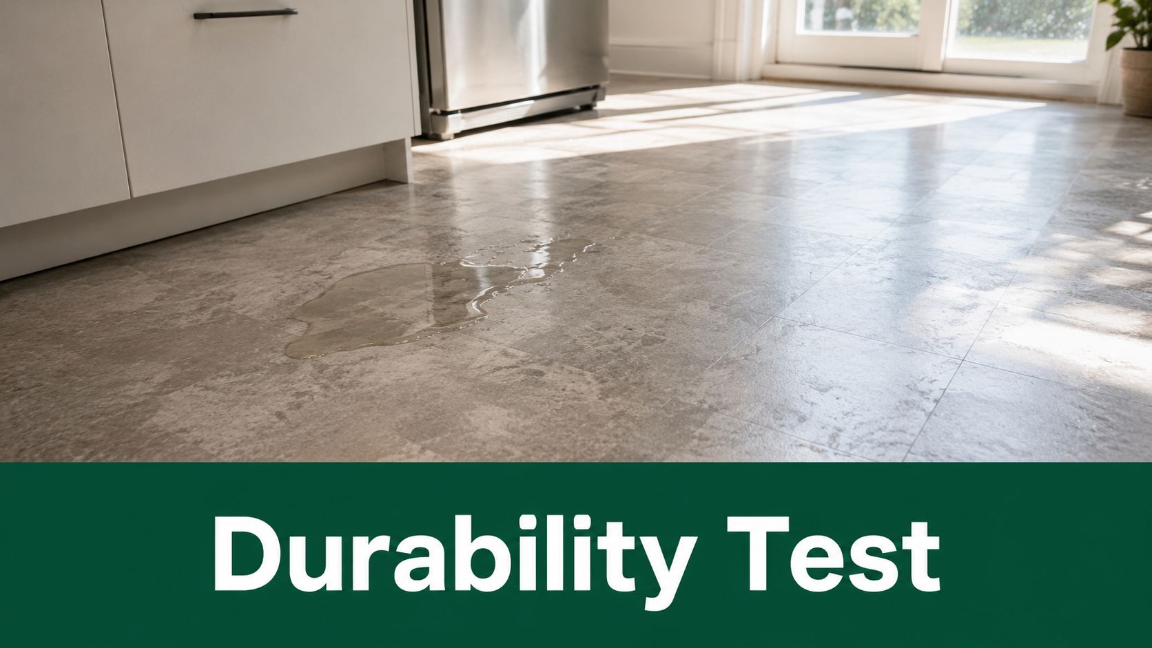 A puddle of water sits on a light grey stone-look vinyl kitchen floor during a durability test.