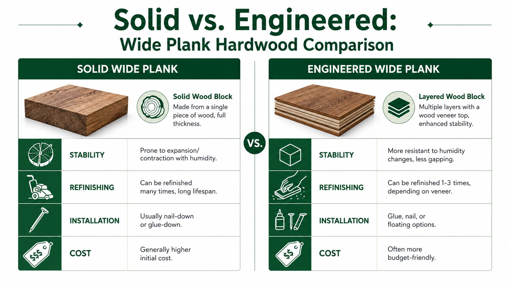 A comparison chart showing the differences between solid and engineered wide plank hardwood flooring for home renovation.