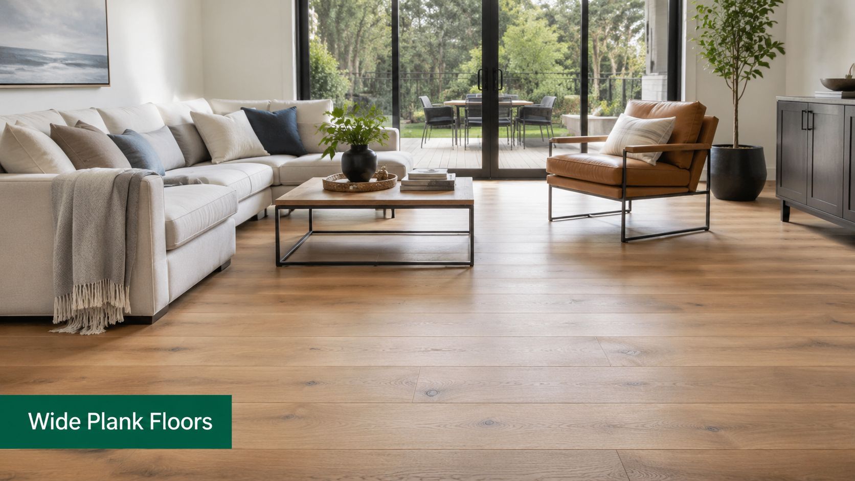 A modern living room with wide plank hardwood floors featuring a white sofa and a leather armchair.