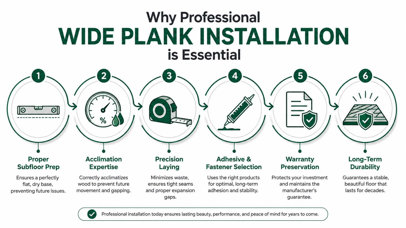 An infographic showing six essential reasons for professional wide plank hardwood floor installation, including preparation and warranty.