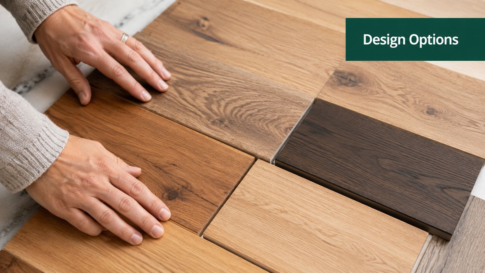 A person selecting from various wood grain samples for wide plank hardwood flooring options.