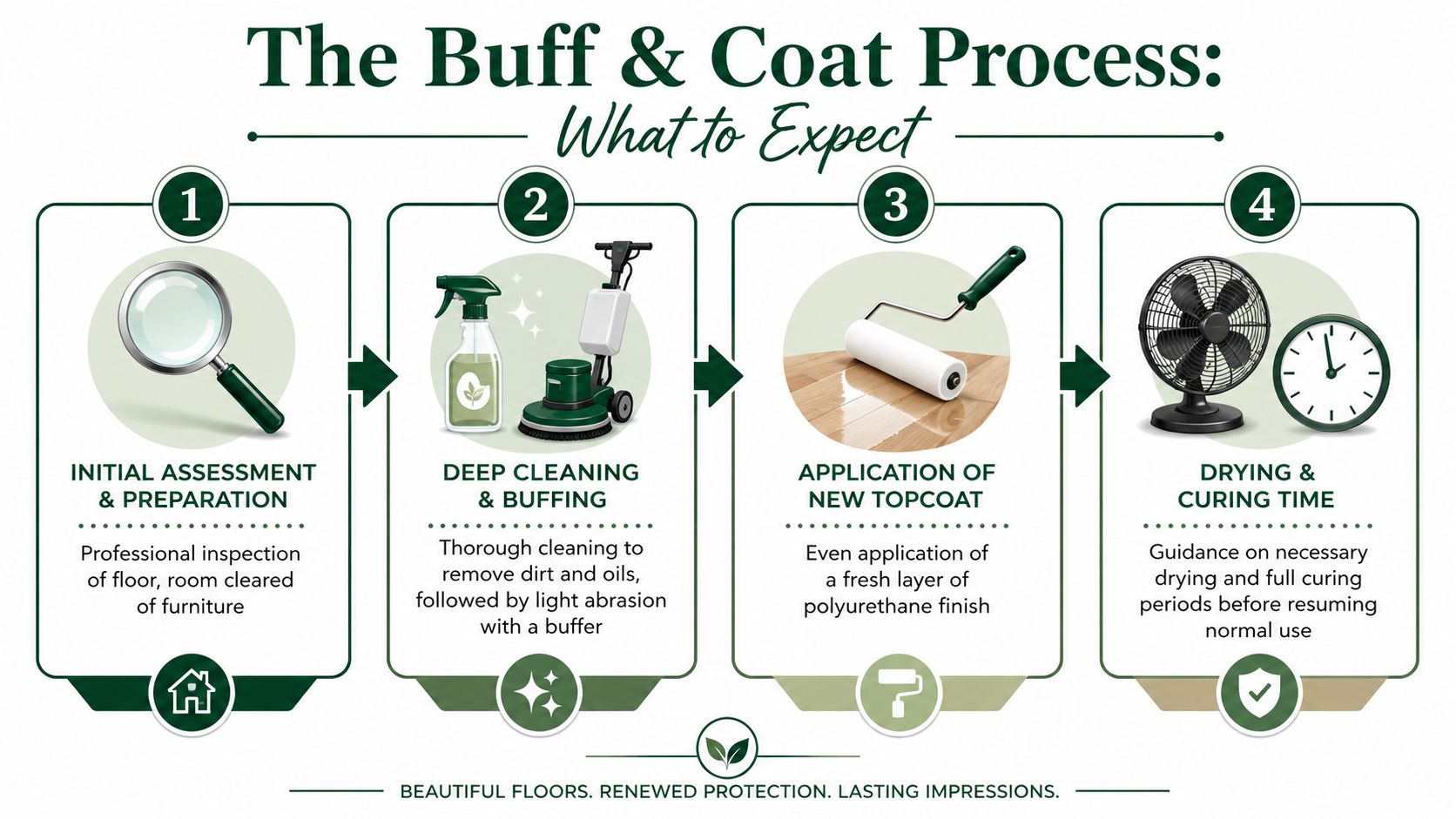 An infographic detailing the four-step buff and coat process for rejuvenating hardwood floors in a home.