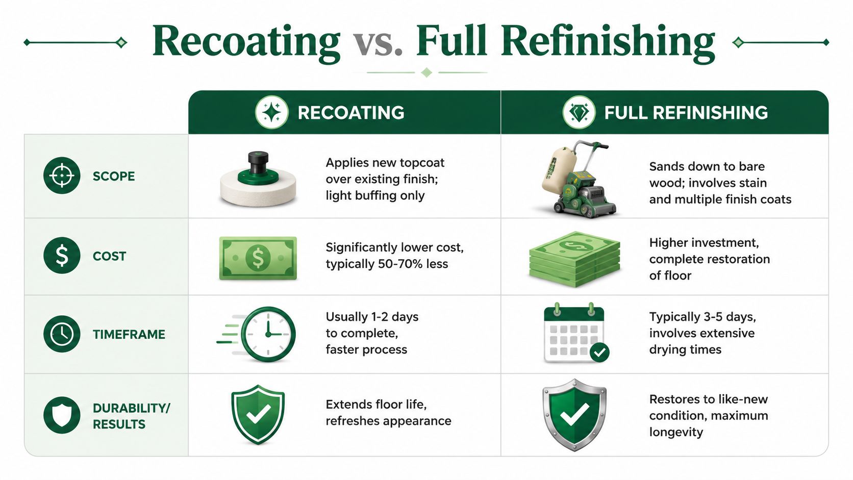 A comparison chart outlining the differences between wood floor recoating and full refinishing services.