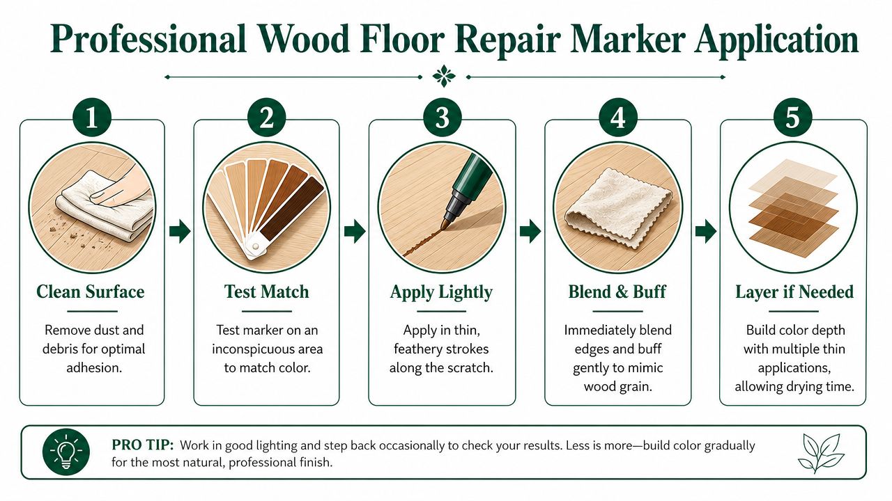 A five-step infographic showing how to use a wood floor repair marker to fix surface scratches.