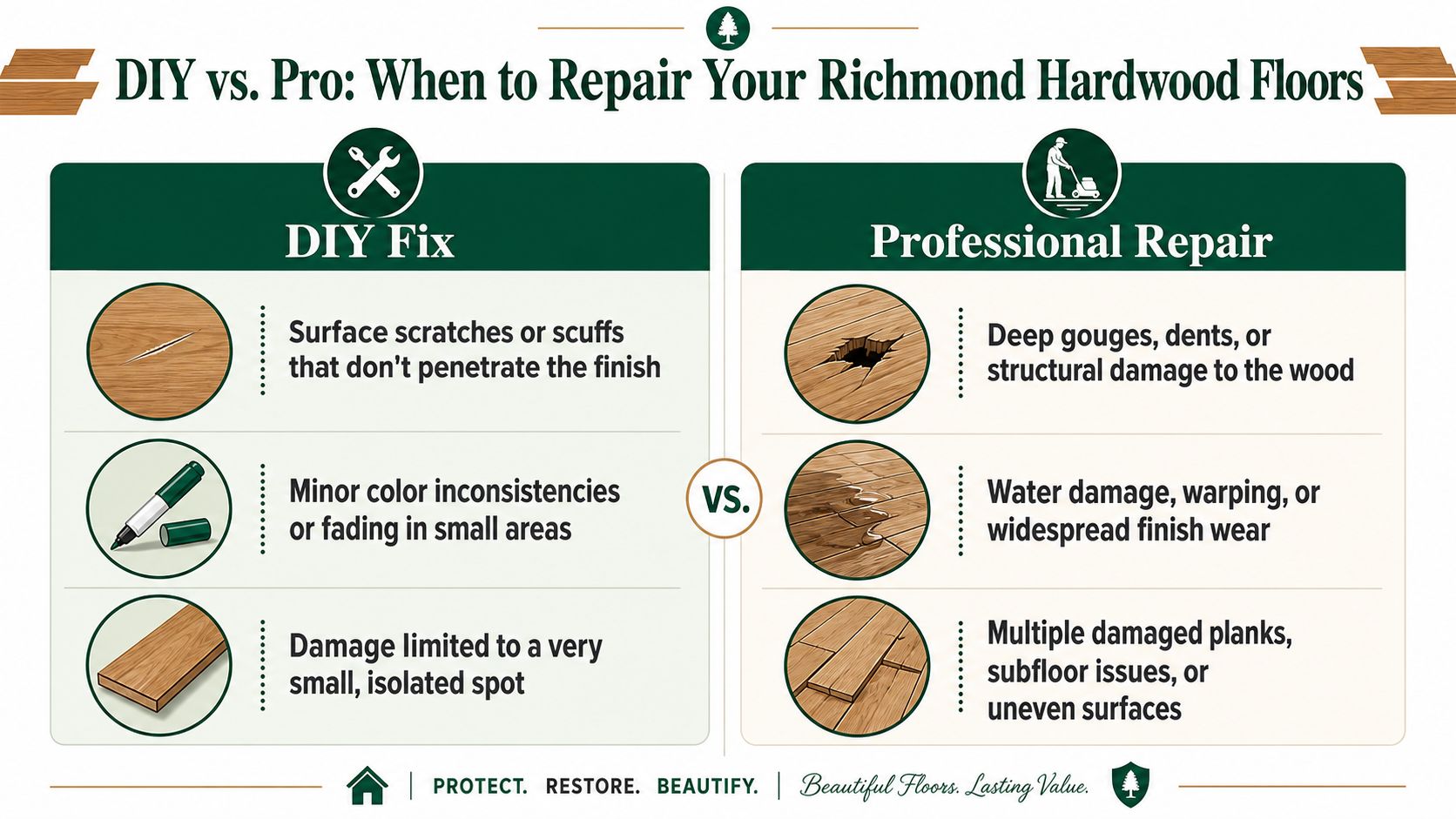 An infographic comparing when to perform DIY repairs versus professional repairs on hardwood floors.