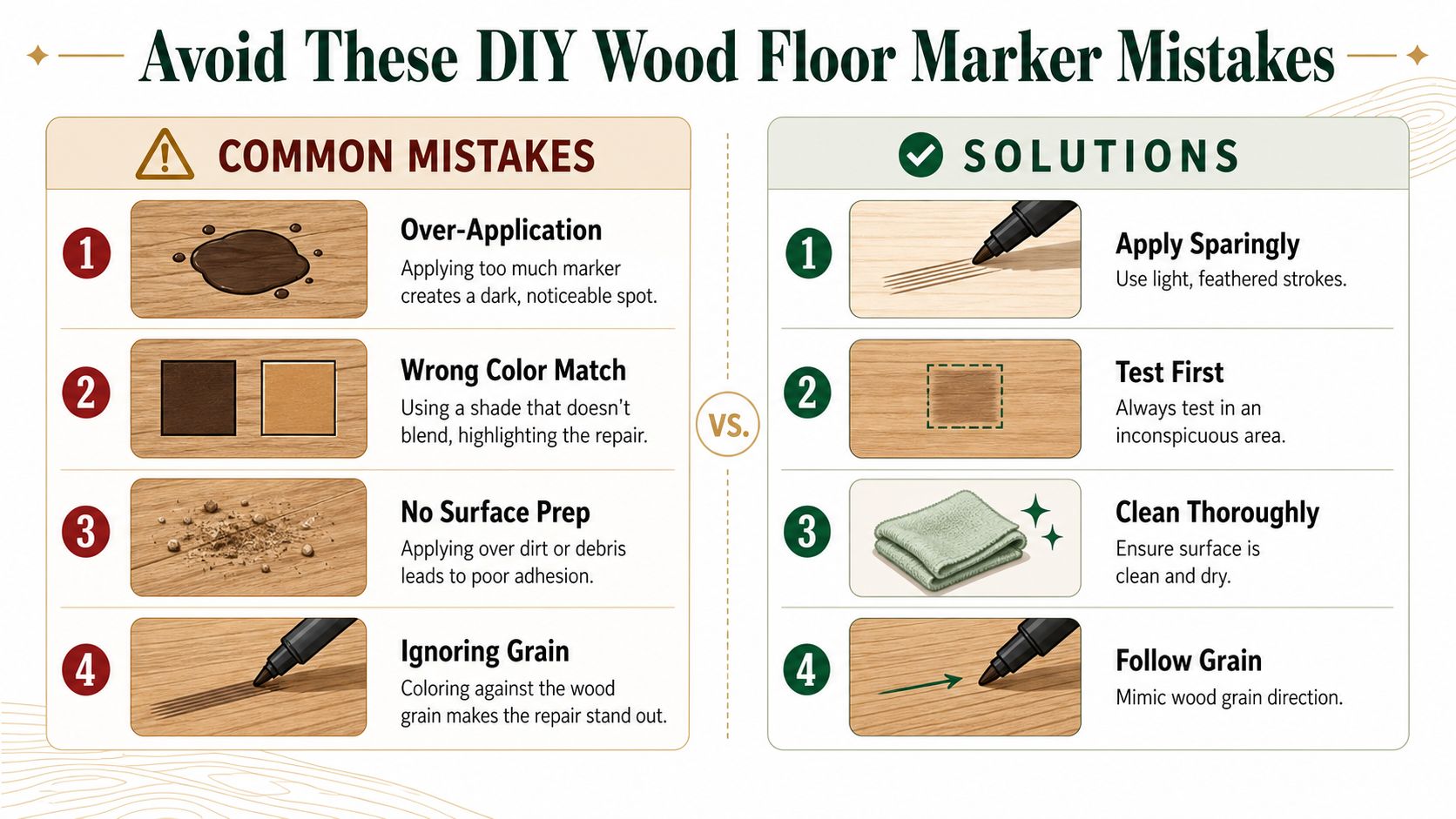 An infographic showing four common mistakes and corresponding solutions for using wood floor repair markers.