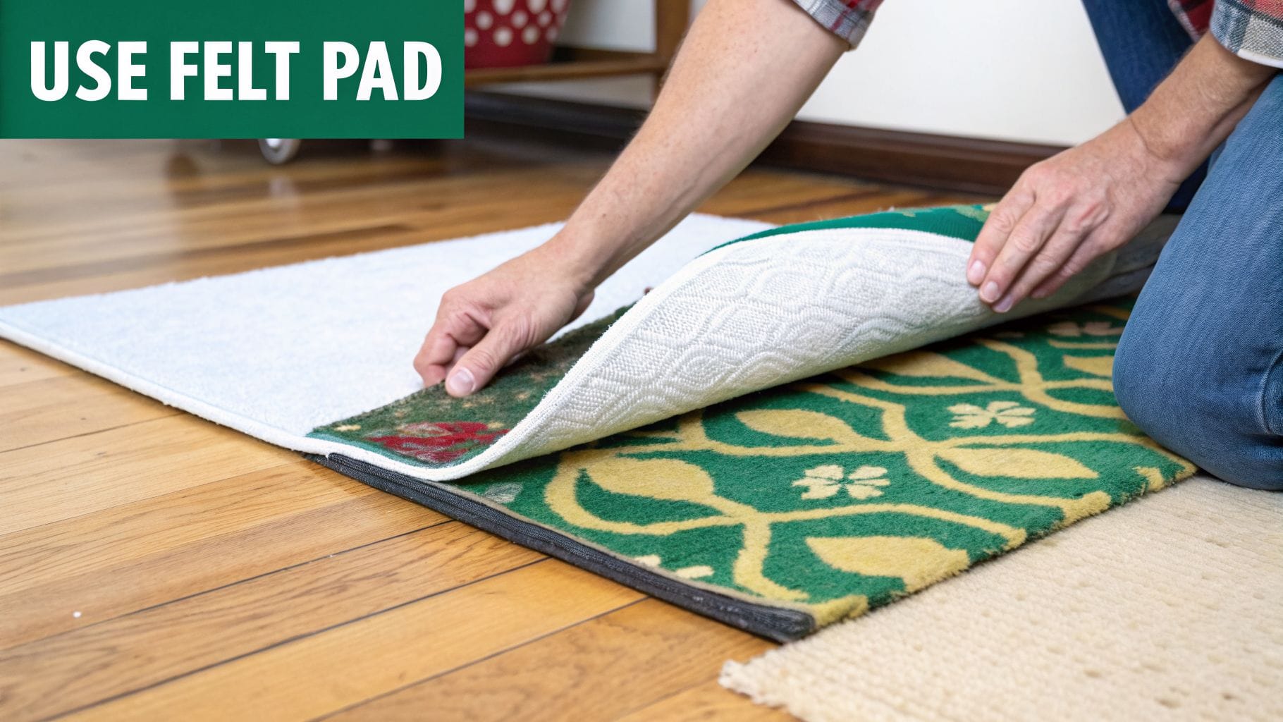 A person installs a white felt pad beneath a green and yellow rug on a polished hardwood floor.
