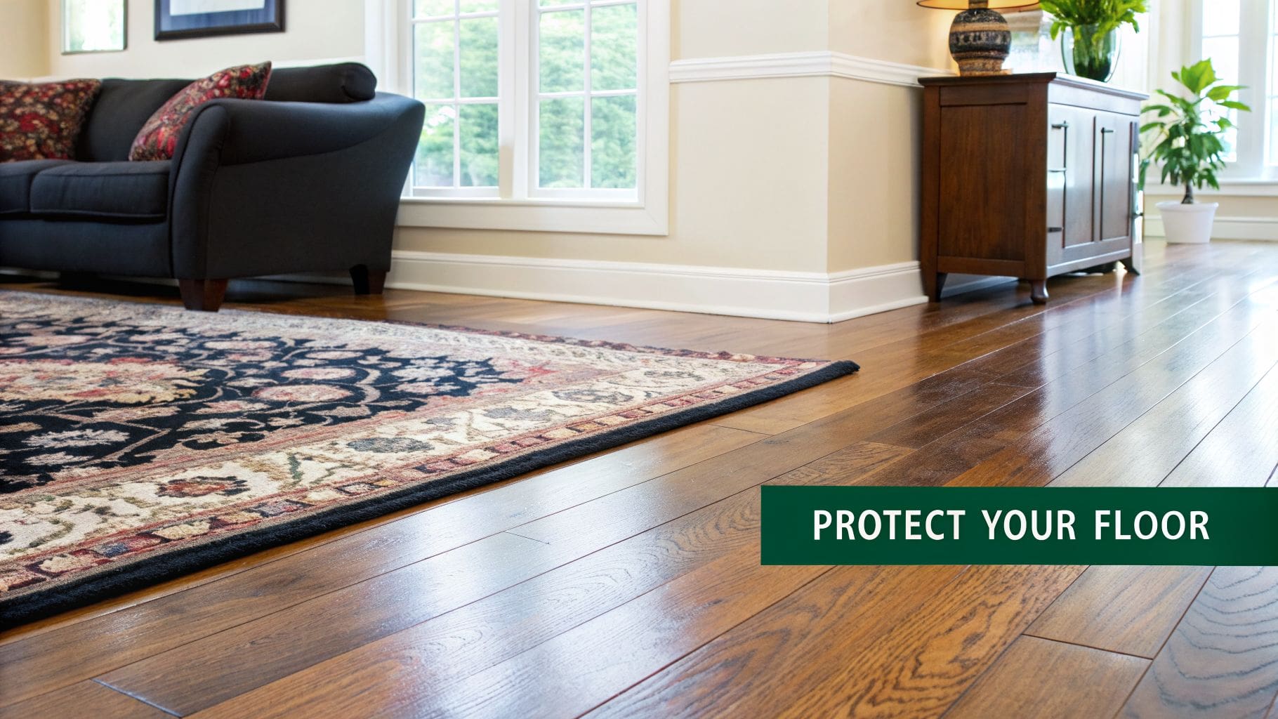 A luxurious living room features dark hardwood floors beneath an ornate black and red area rug.