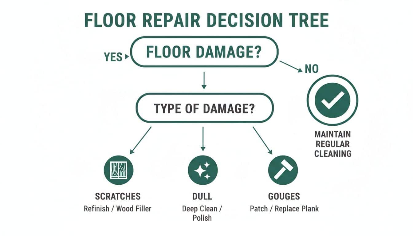 Floor repair decision tree flowchart detailing steps for addressing scratches, dullness, or gouges.