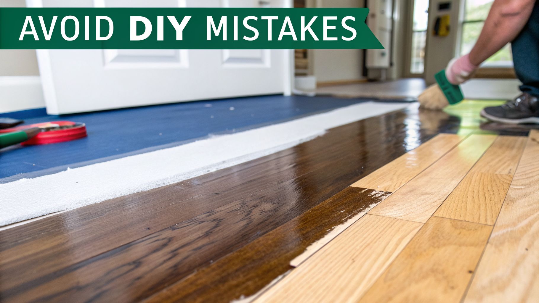 Close-up of a person staining a hardwood floor, highlighting different stages and a DIY banner.