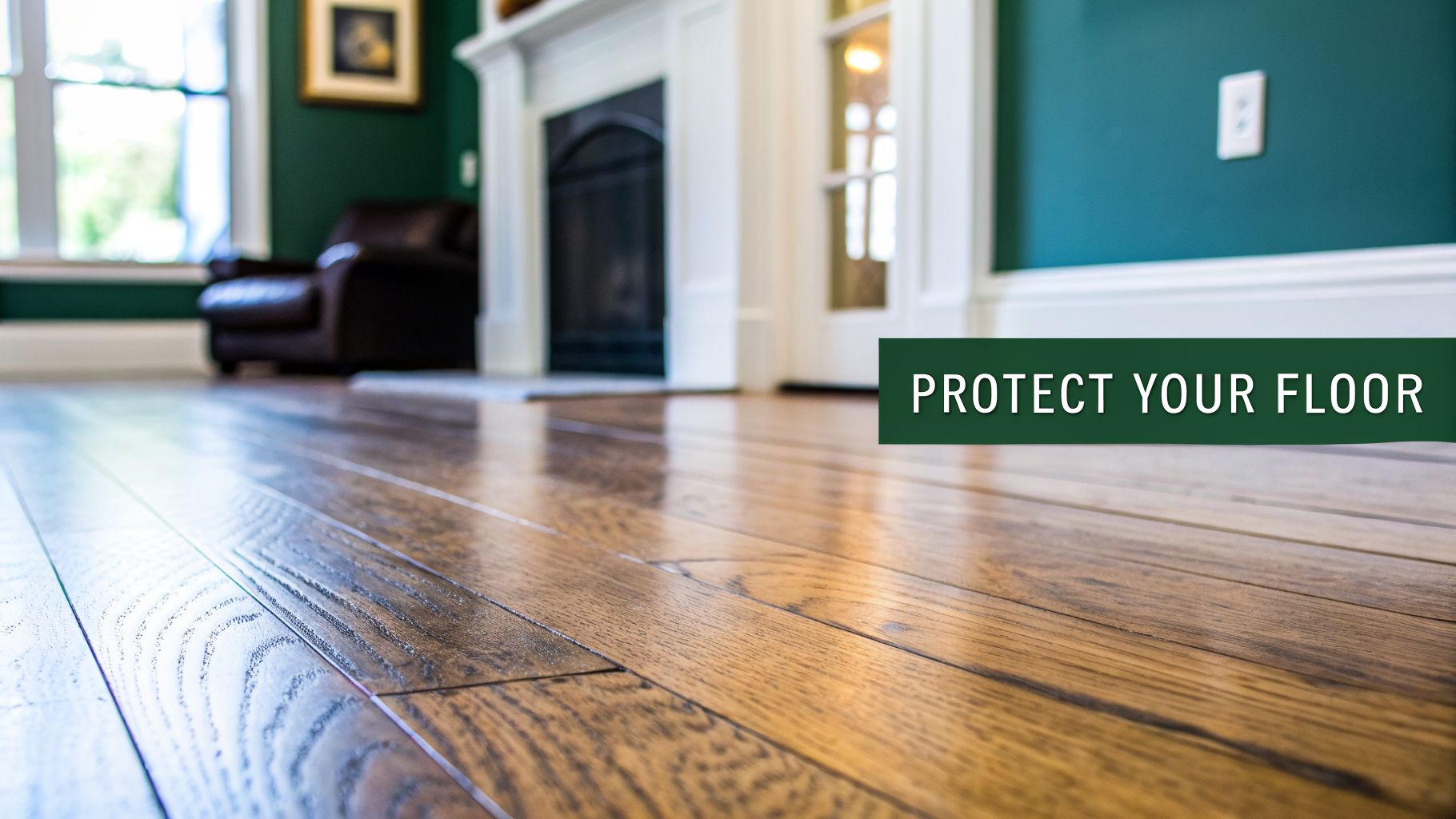 A close-up of shiny hardwood flooring in a living room, with a banner saying 'PROTECT YOUR FLOOR'.