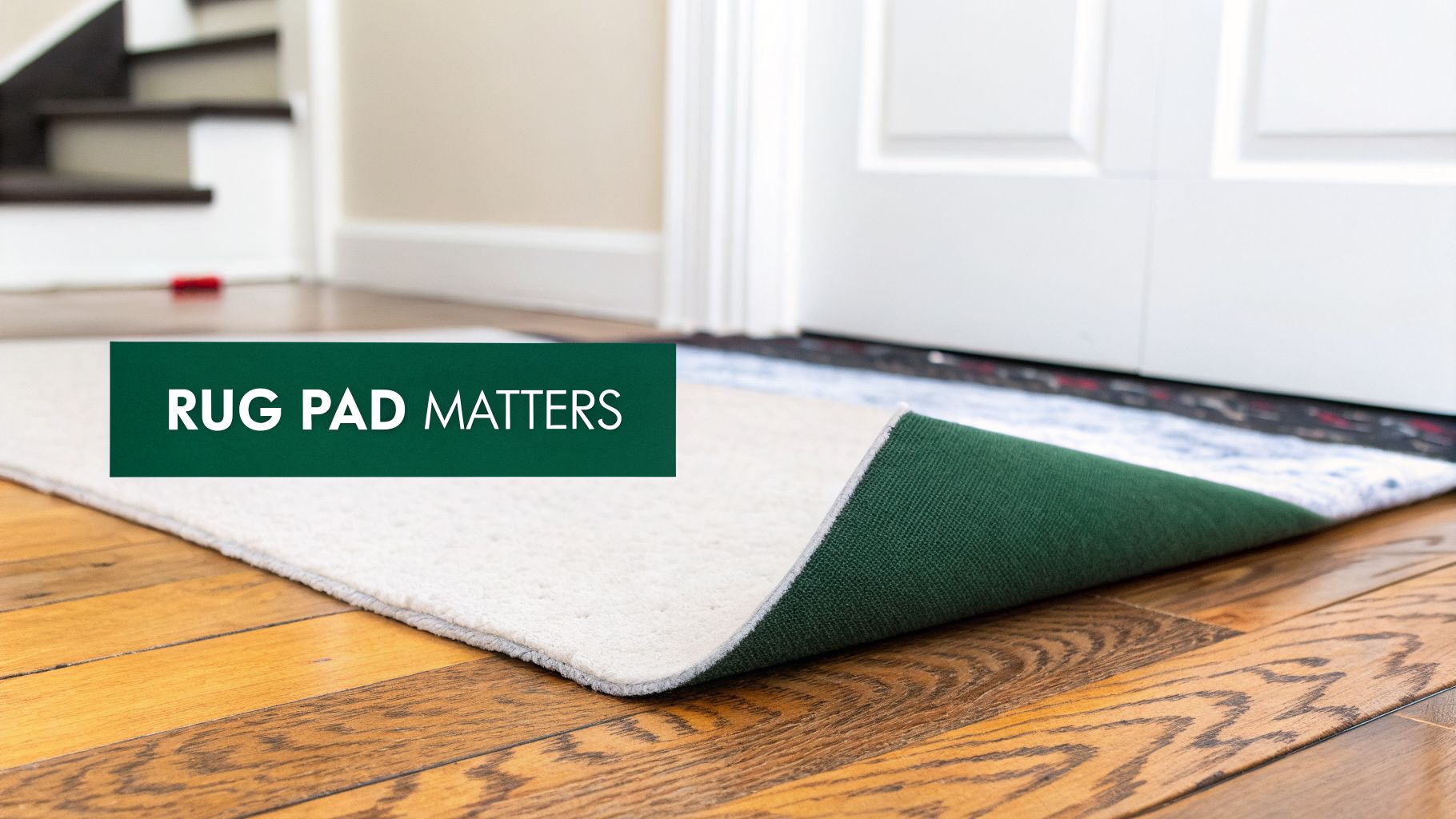 A white rug is partially lifted to show a green rug pad on a hardwood floor, with the text "RUG PAD MATTERS".