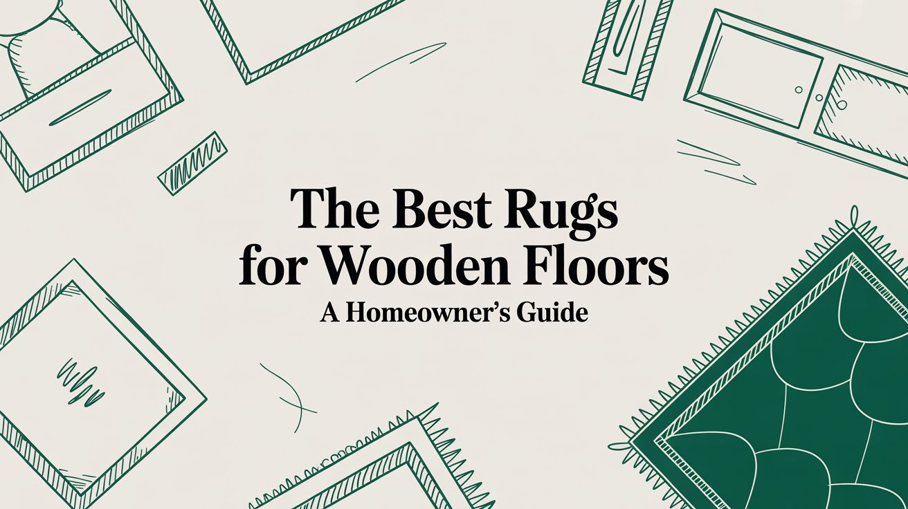 Illustrated image with green line drawings of rugs and furniture around the edges. Center text reads: "The Best Rugs for Wooden Floors: A Homeowner’s Guide.