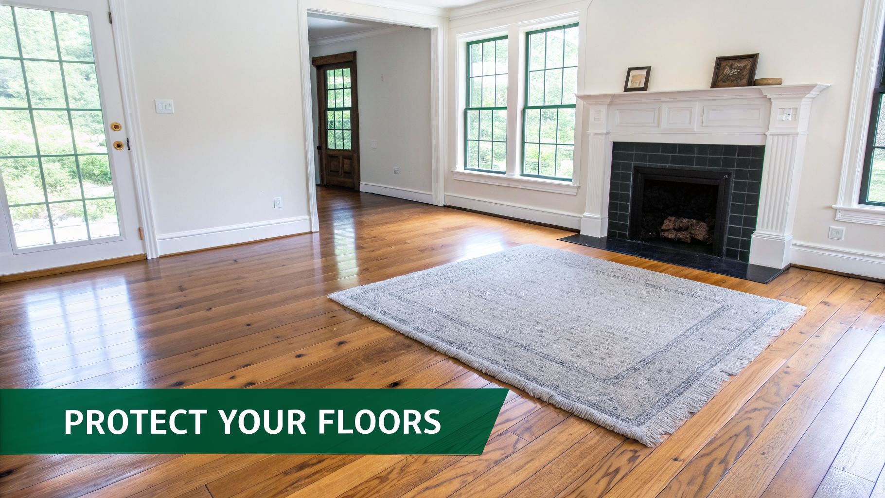 An inviting room featuring shiny wooden floors, a cozy light rug, a white fireplace, and bright windows.