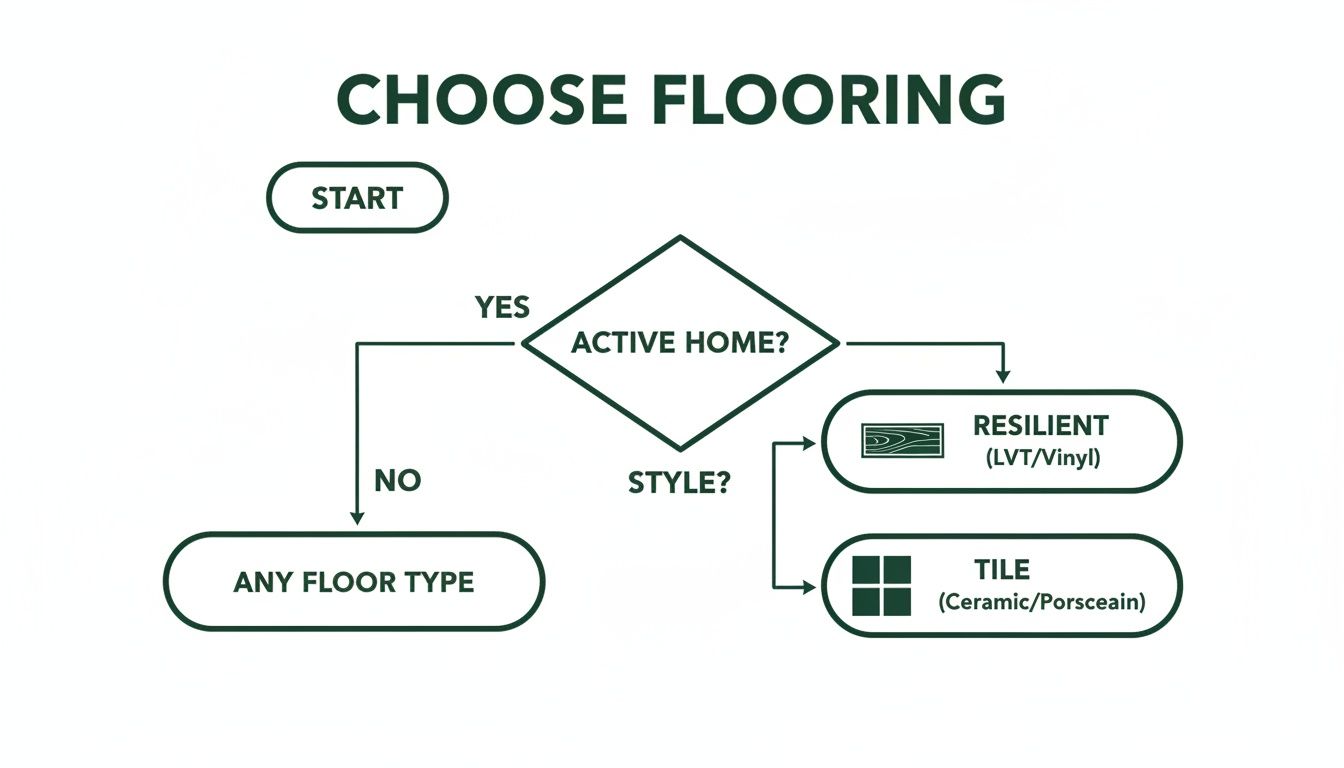 A flowchart titled 'Choose Flooring' guiding decisions based on home activity and style.