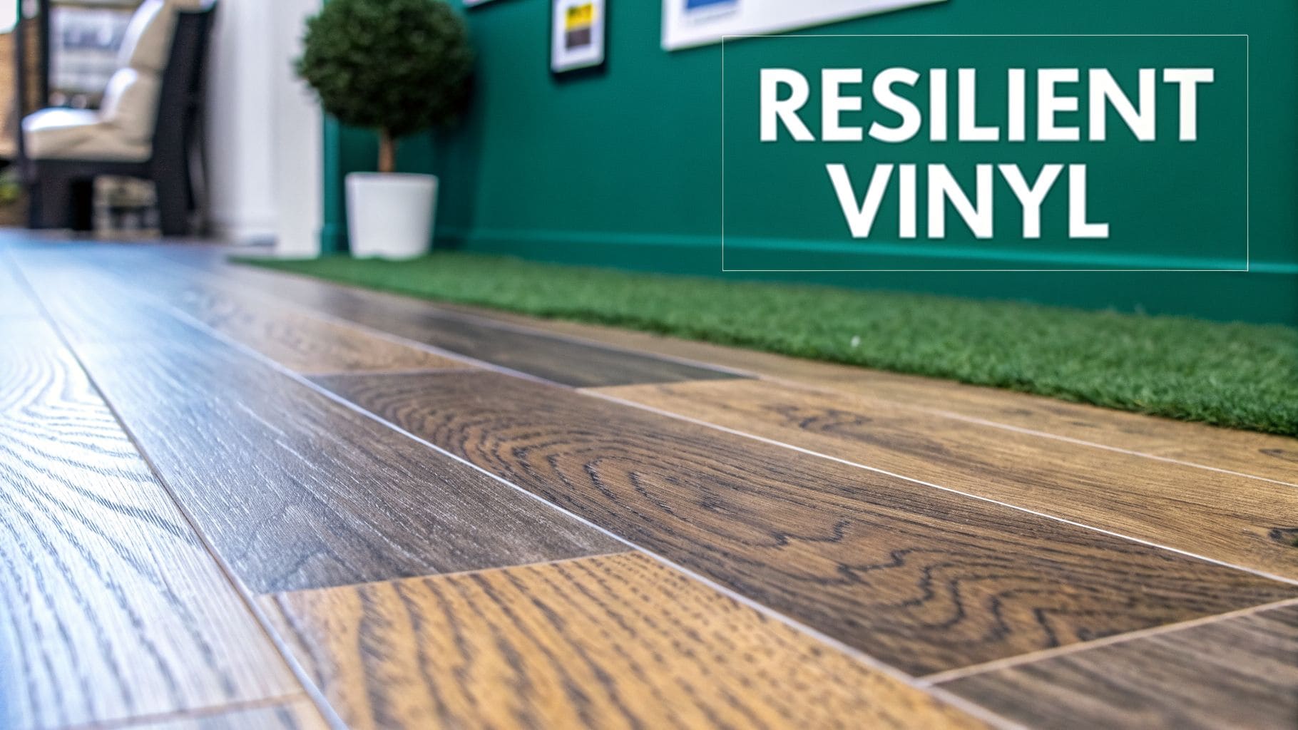 Close-up of modern, wood-look resilient vinyl flooring planks in shades of brown and grey.