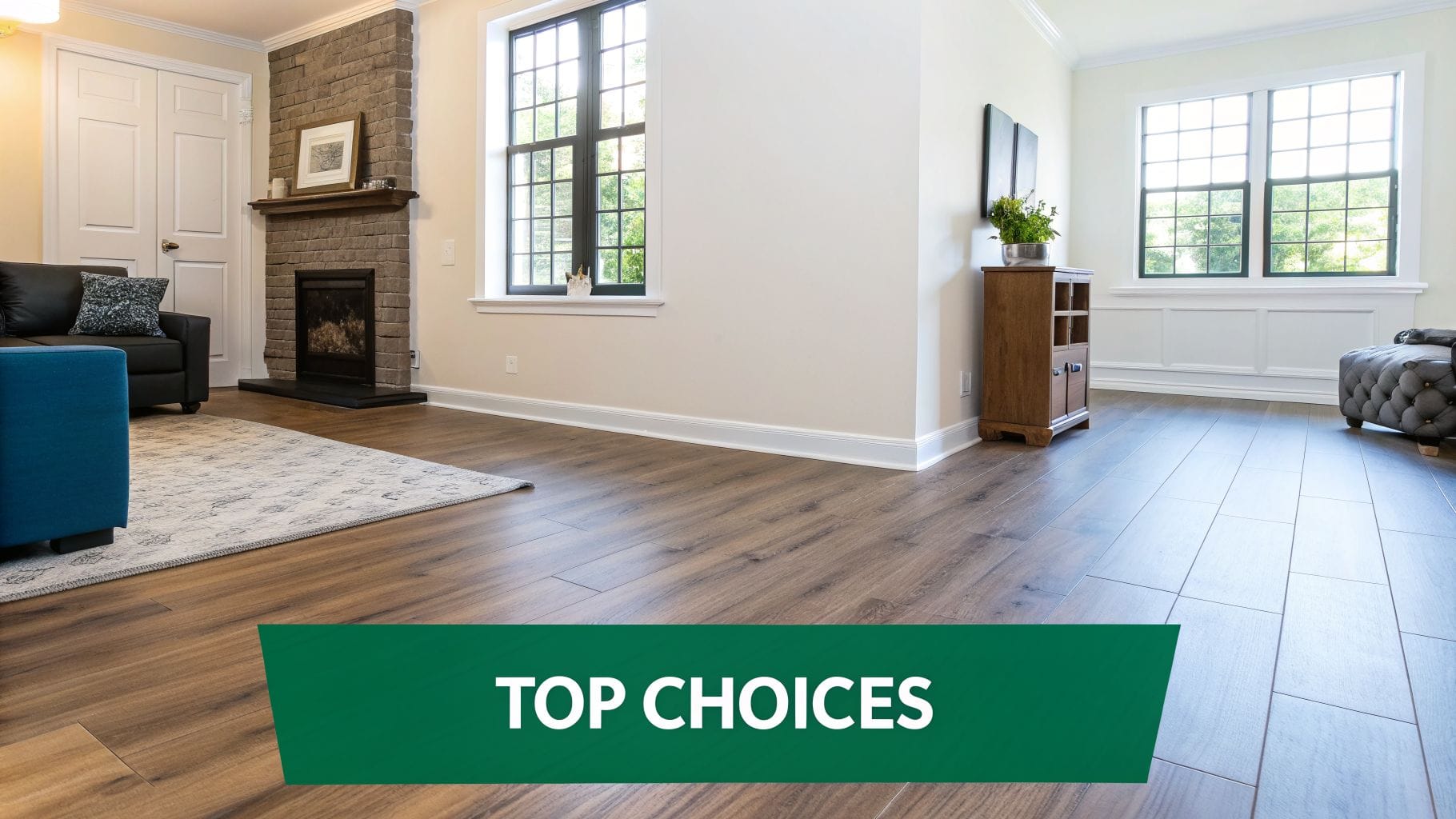 A bright living room featuring scratch-resistant wood flooring, a fireplace, sofa, and large windows.