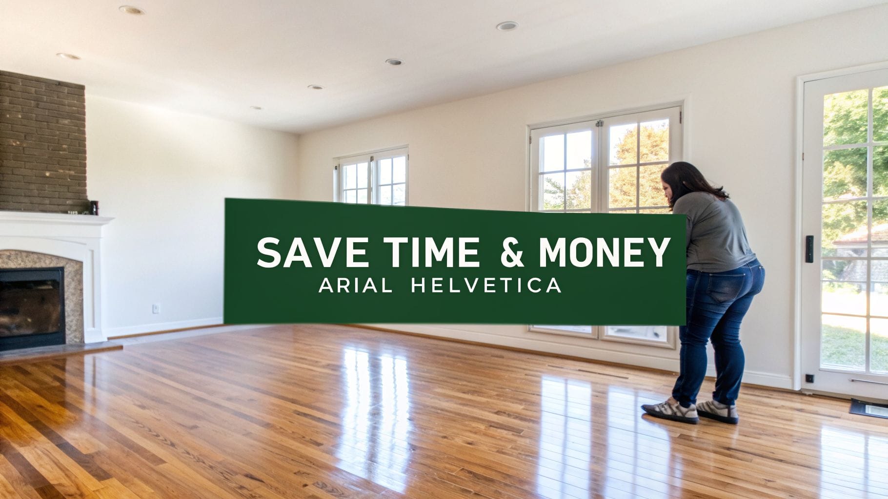 A person in a clean room with shiny hardwood floors, overlaid with a banner 'SAVE TIME & MONEY'.